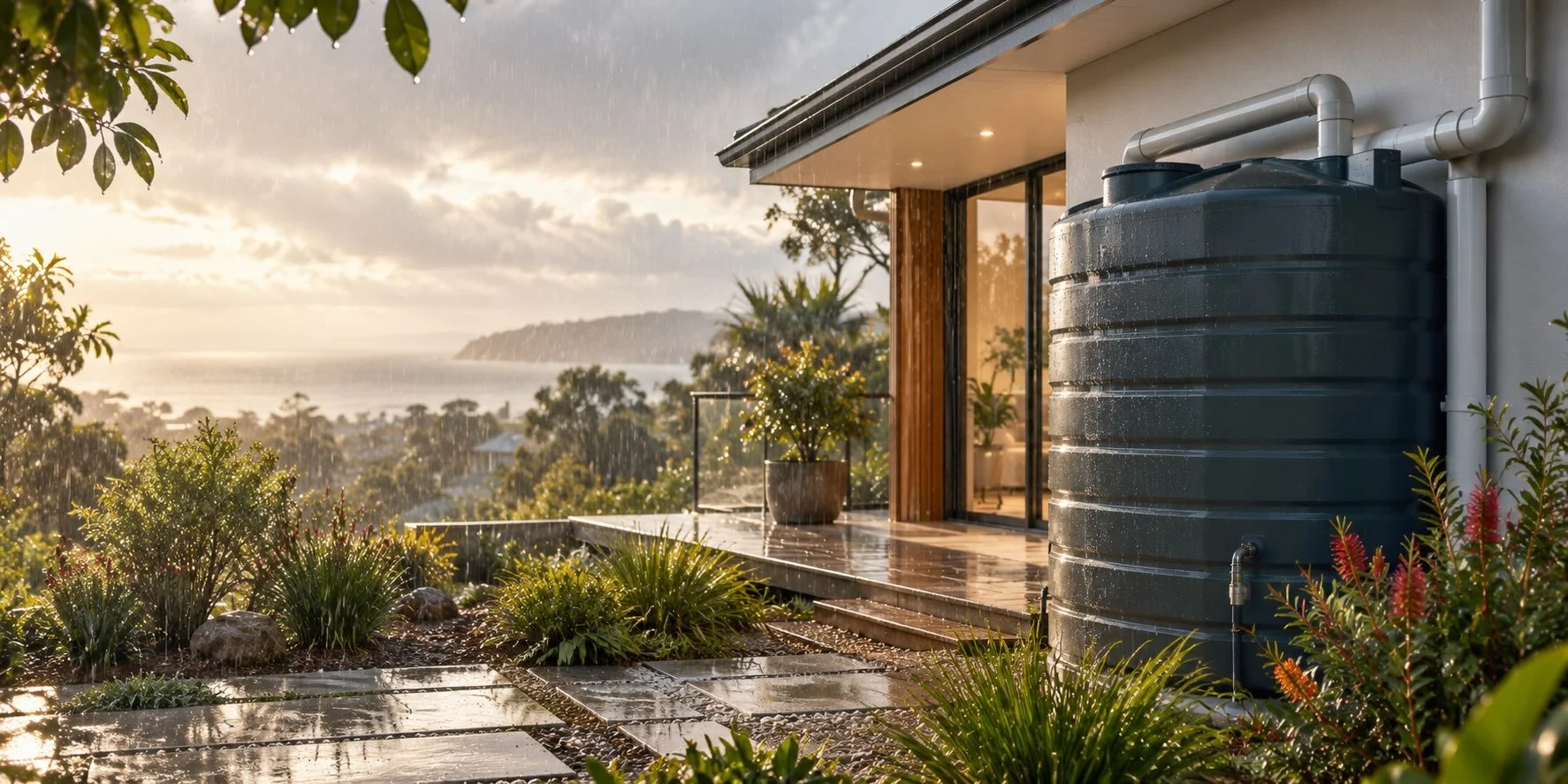 A rainy outdoor scene at a modern house with a water tank on the right, a patio with potted plants, and ocean view with clouds in the background.