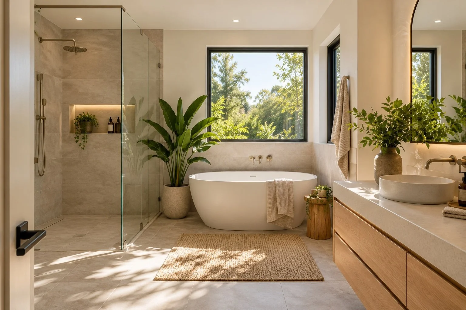 Modern bathroom with a freestanding bathtub, a glass-enclosed shower, large windows showing greenery, wooden vanity with a vessel sink, and greenery decor.