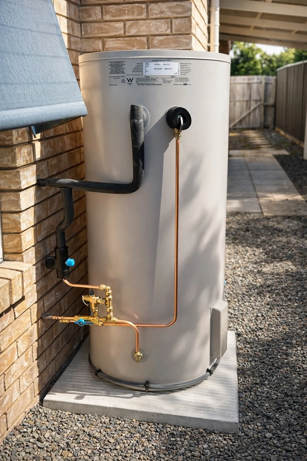 A hot water heater installed outside on a concrete pad next to a brick wall, with pipes and valves connected to it.
