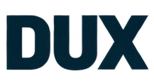 Black and blue text spelling 'DUX' on a white background
