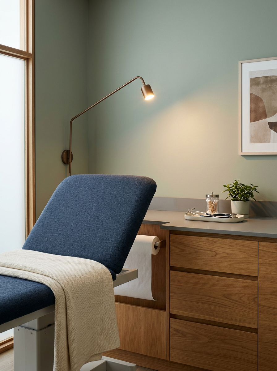 Medical examination room with an examination table, a wooden cabinet, and a wall-mounted lamp.
