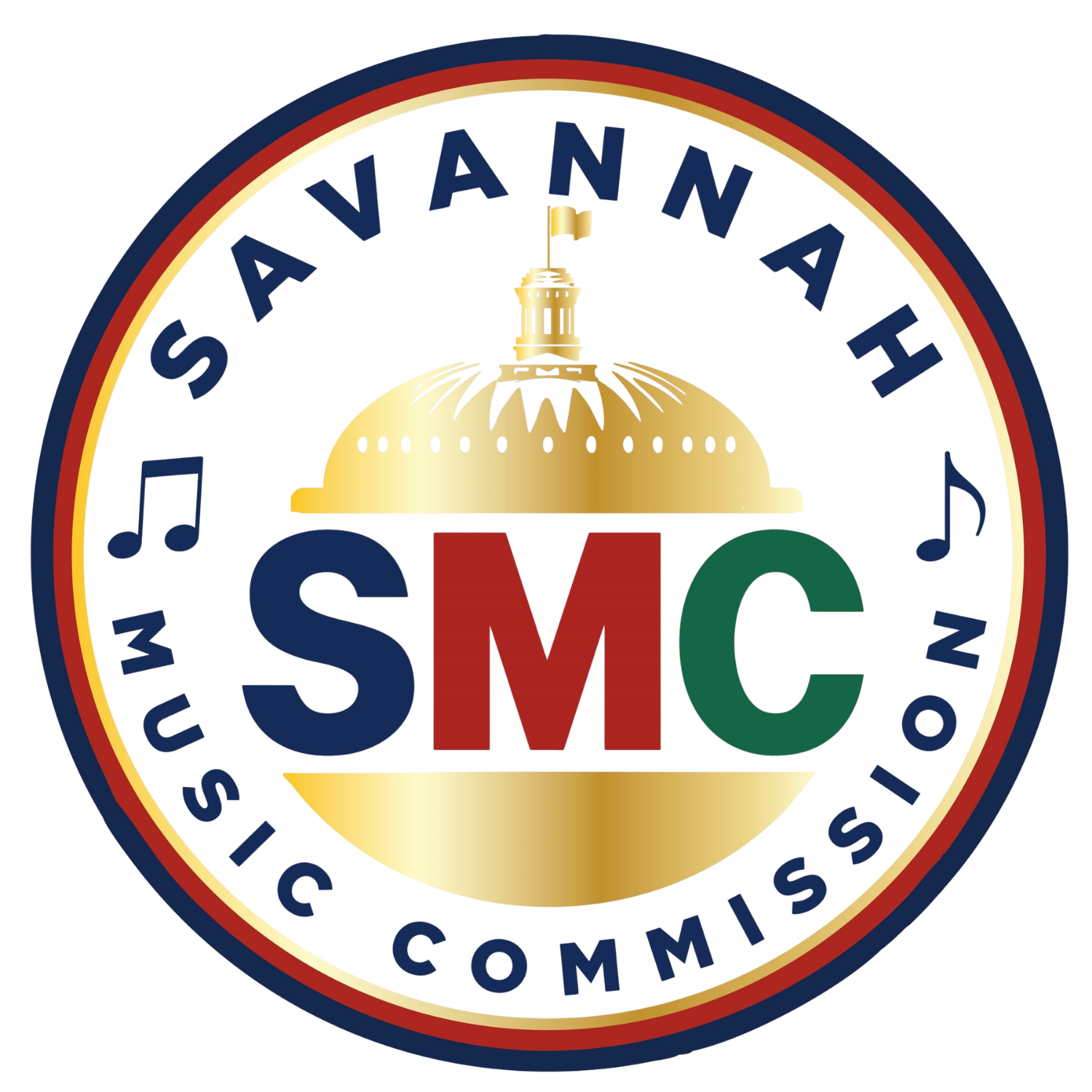Seal of the Mississippi State Musician Committees featuring a gold dome, with the letters SMC in red, green, and blue, surrounded by a navy blue circle with the words Mississippi State Musician Committees and musical notes.