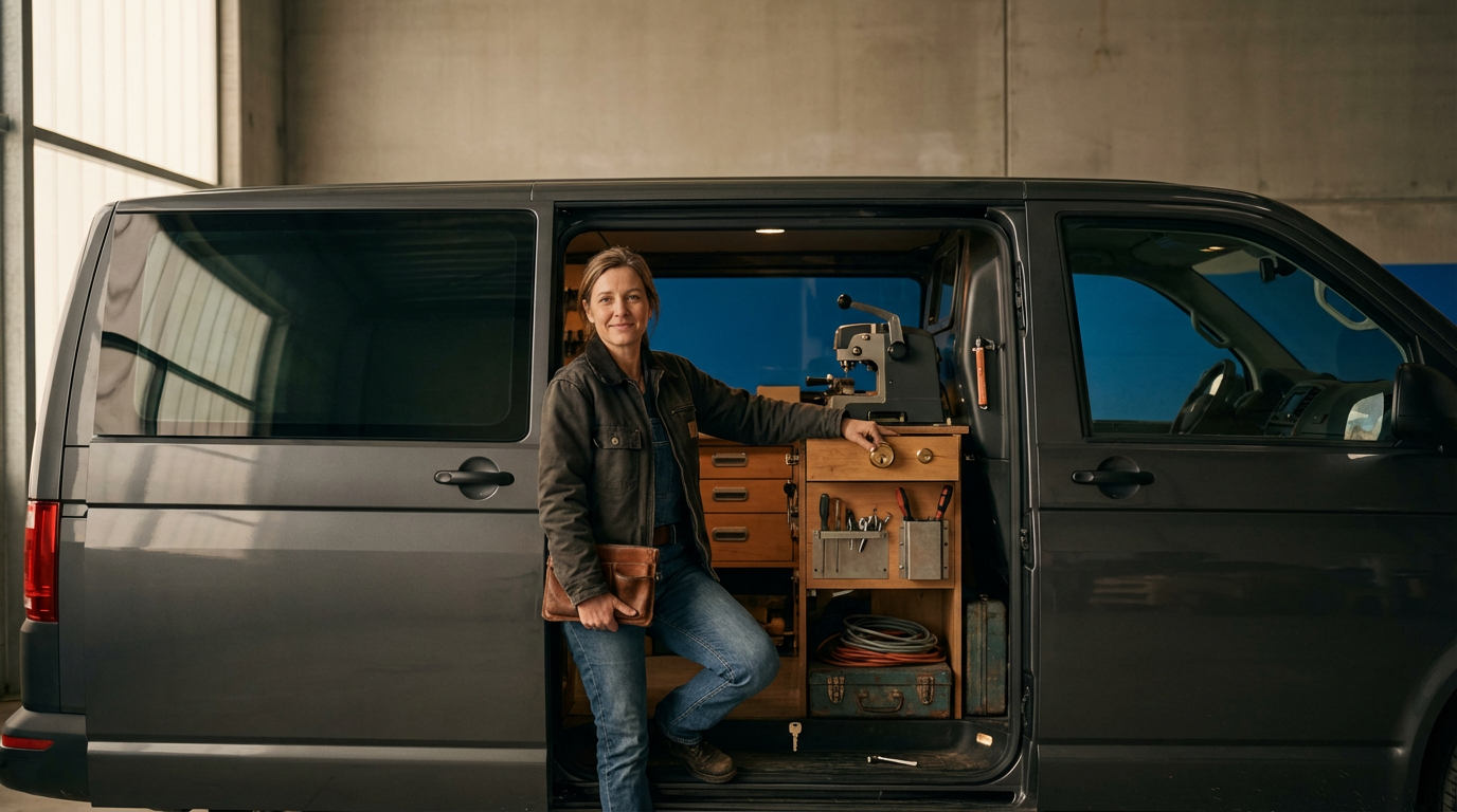 A woman standing inside a mobile workshop van, which is fitted with wooden cabinets and tools for crafting or repairs.
