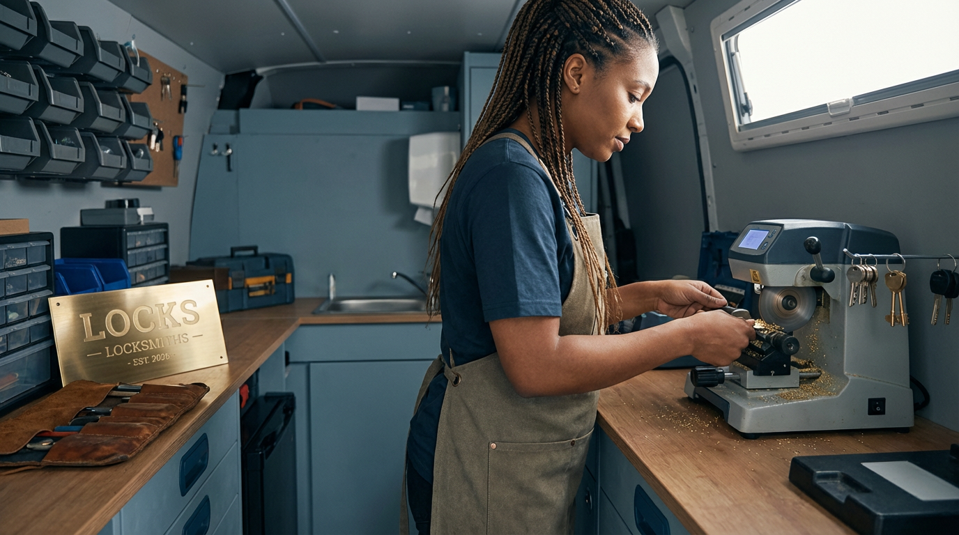 A woman working on a key cutting machine inside a mobile locksmith workshop, with various locksmith tools and keys hanging on the wall, and a sign reading "LOCKS - LOCKSMITHS - EST. 2090".