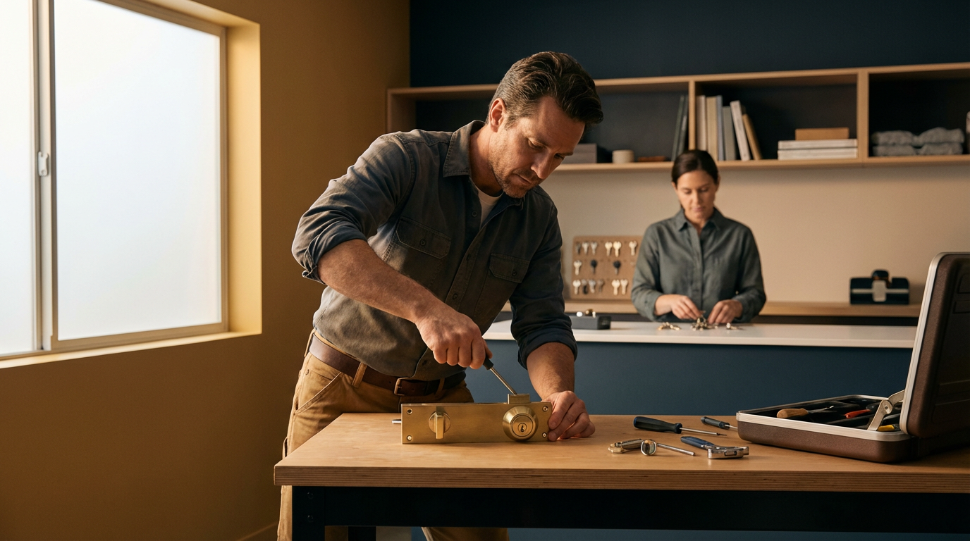 A man working on a locksmithing project at a workbench, with tools and a locksmith kit nearby, in a workshop with shelves and a woman in the background assembling jewelry.