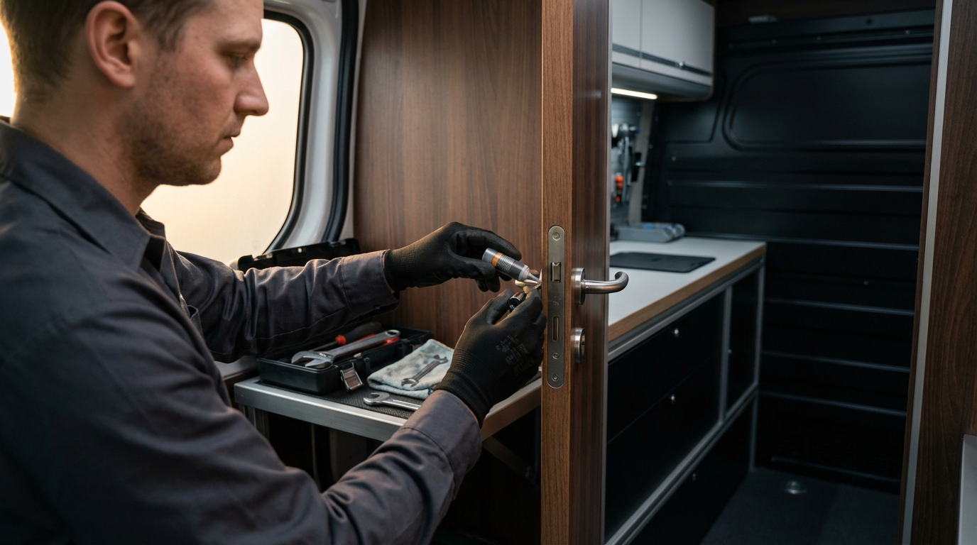 A man working on a door lock in a small, wood-paneled kitchen of a camper van or RV, using a screwdriver and wearing black gloves.