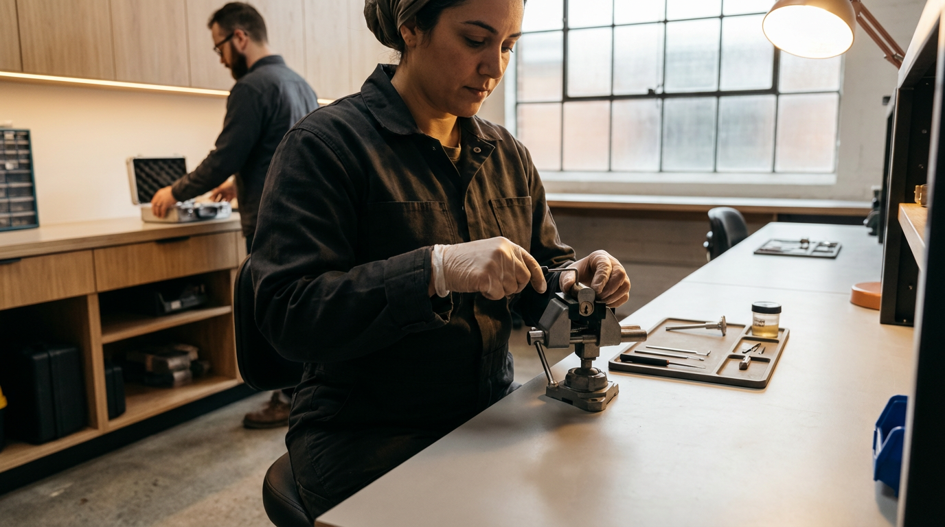 A woman working on a small metal object at a workshop table, using a vise clamp, with tools and supplies nearby, and a man working in the background.