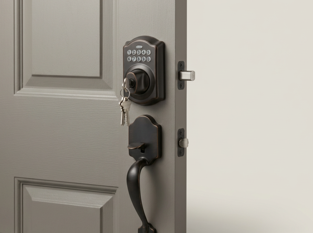 A gray front door with a deadbolt lock, a handle, and a key in the lock.