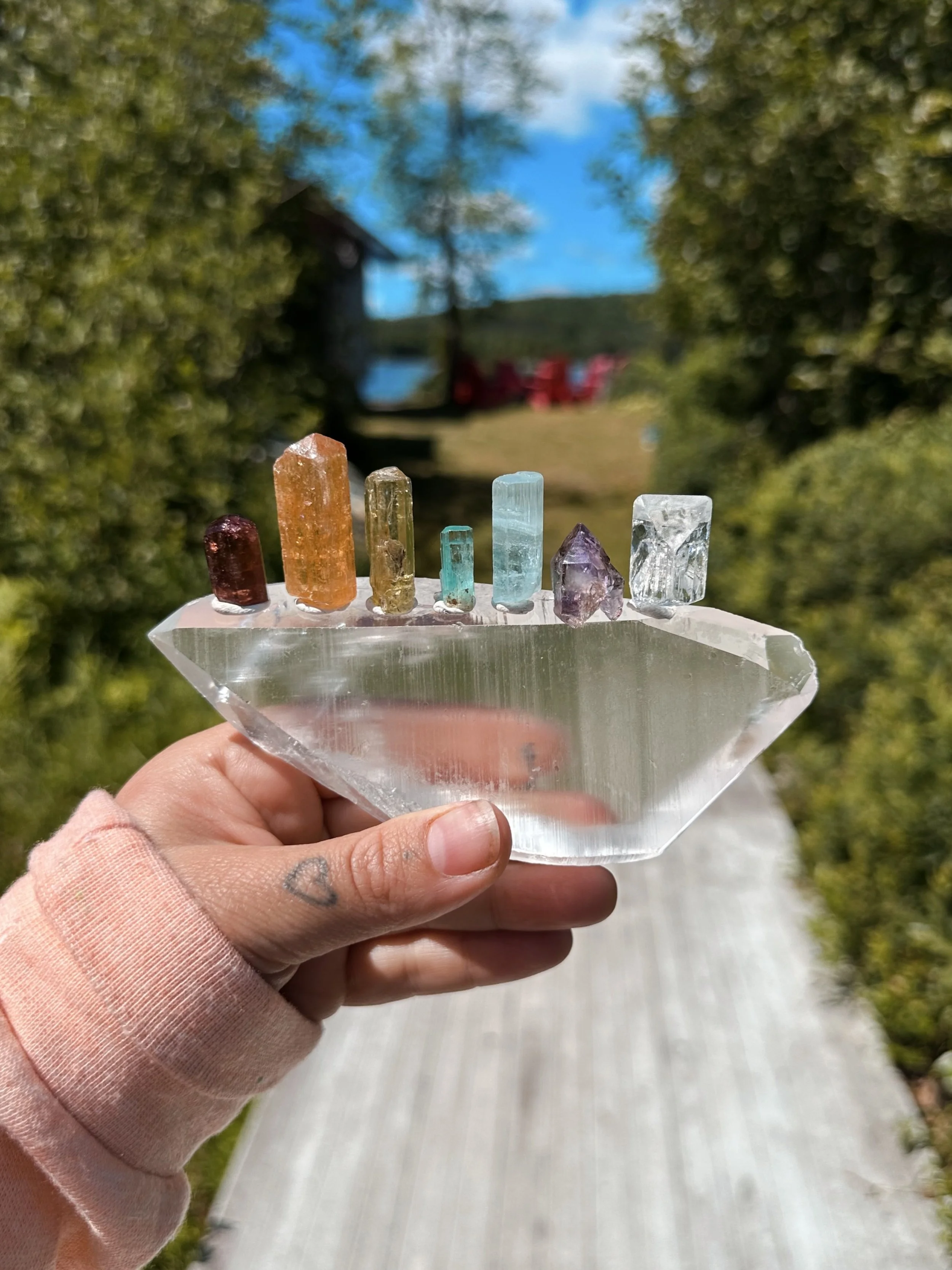 Hand holding a crystal display case with multiple colorful crystals outdoors on a sunny day, with trees and a house in the background.
