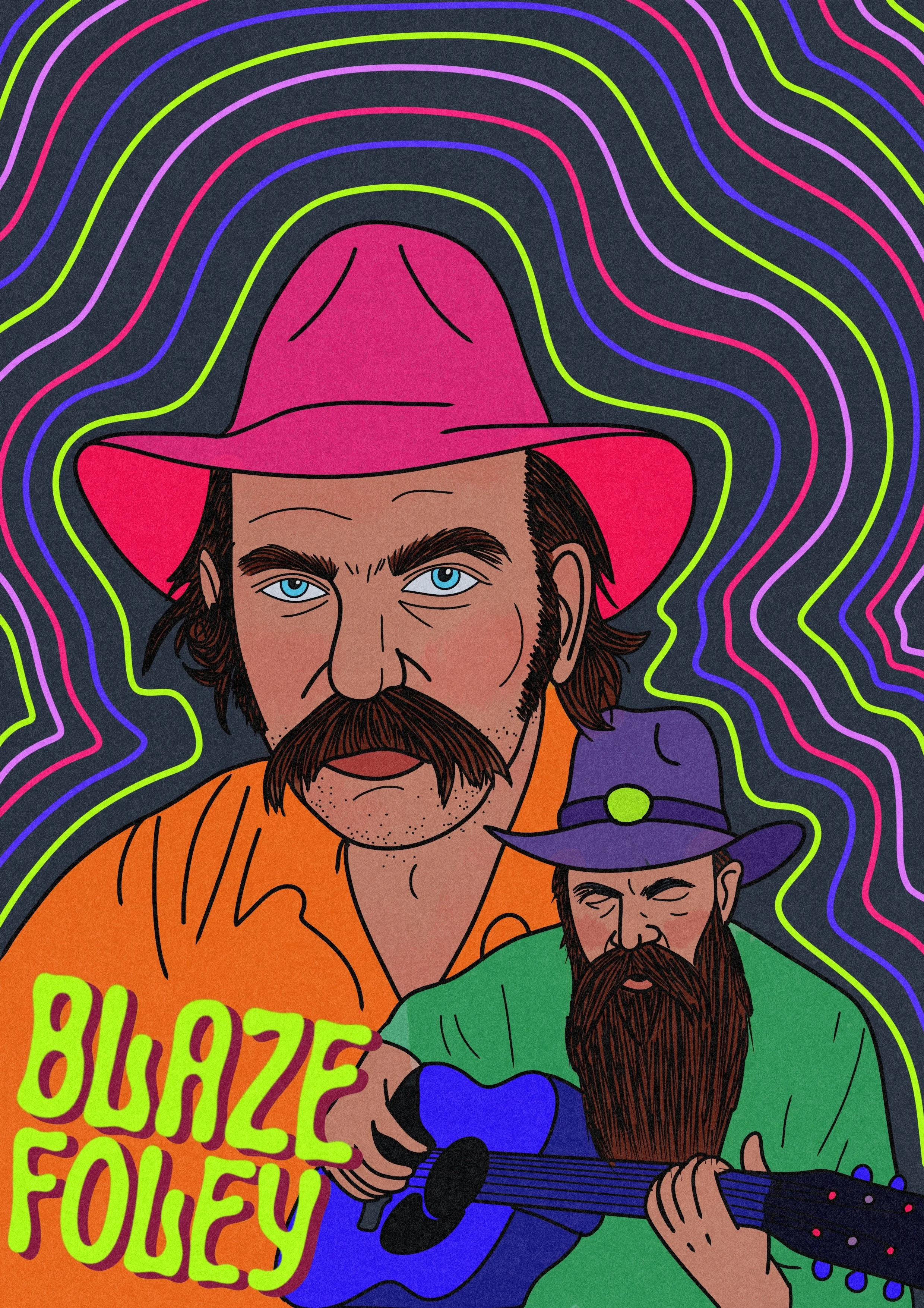 Illustration of two bearded men wearing colorful shirts and hats, playing guitars. The background features neon-colored wavy lines and the words 'Blaze Your Soul' in bright colors.