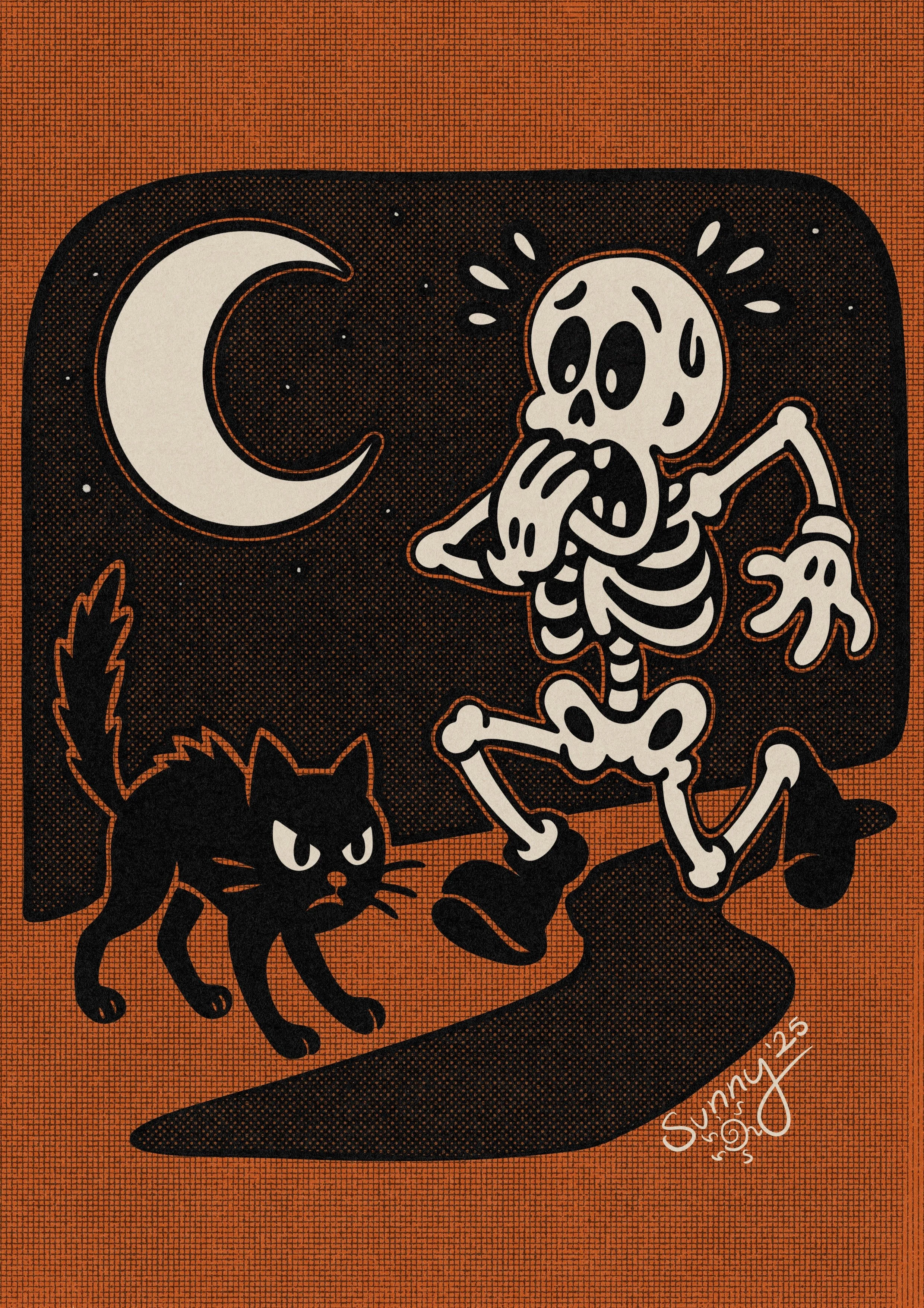 A Halloween-themed illustration featuring a black cat, a skeleton riding a witch's broomstick, a crescent moon, stars, and black leaves on an orange background with a dotted pattern.