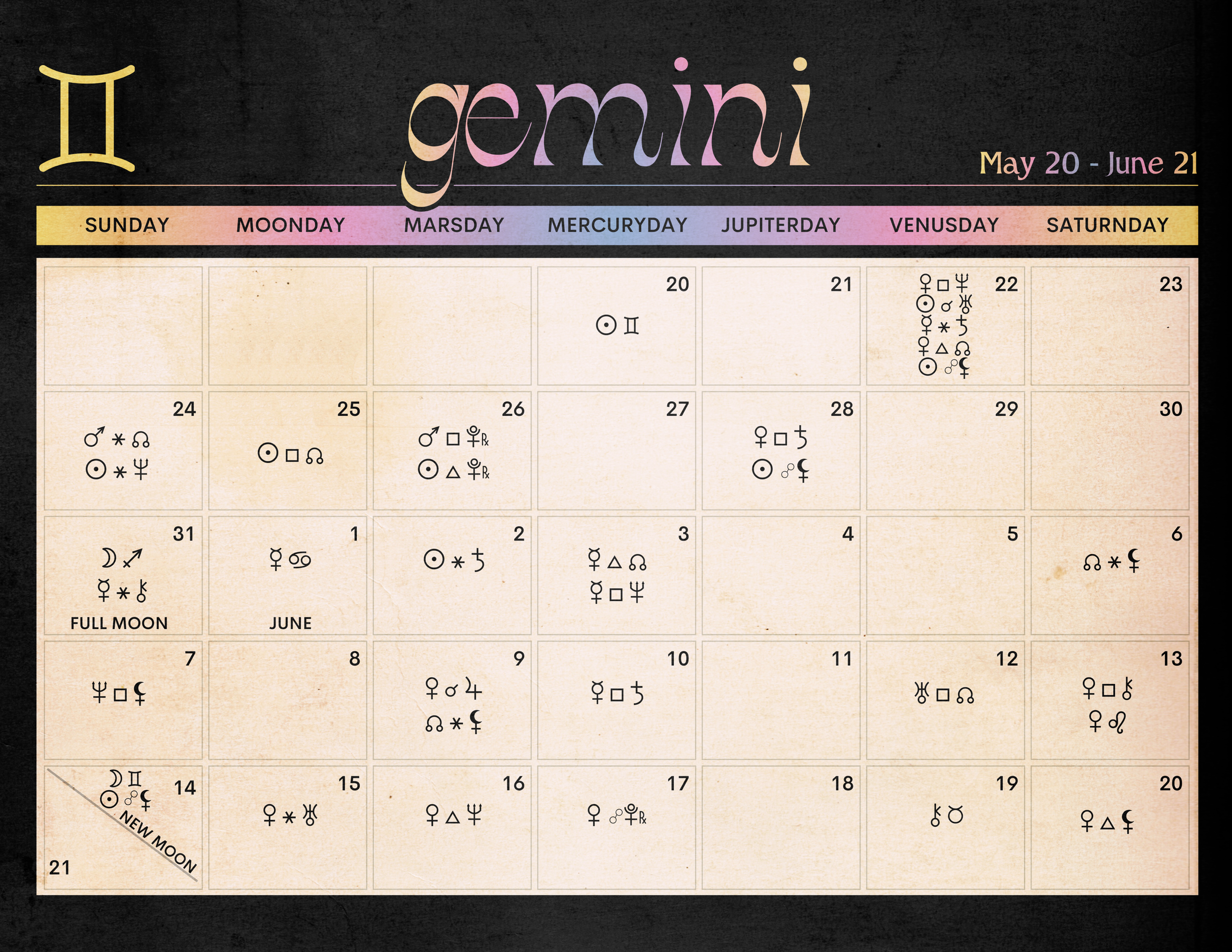 A calendar page displayed for the week of May 20 to June 21, featuring astrological symbols for each date, with a dark textured background and pastel-colored headers for the days of the week.