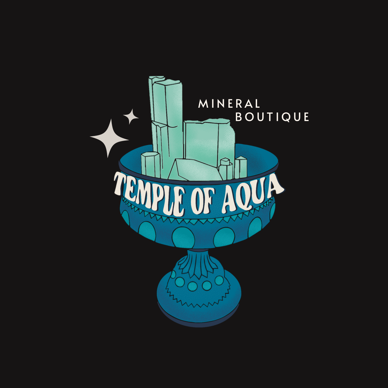 Logo for Mineral Boutique featuring a stylized illustration of a decorative bowl with cityscape buildings and the text 'Temple of Aqua' and 'Mineral Boutique'.