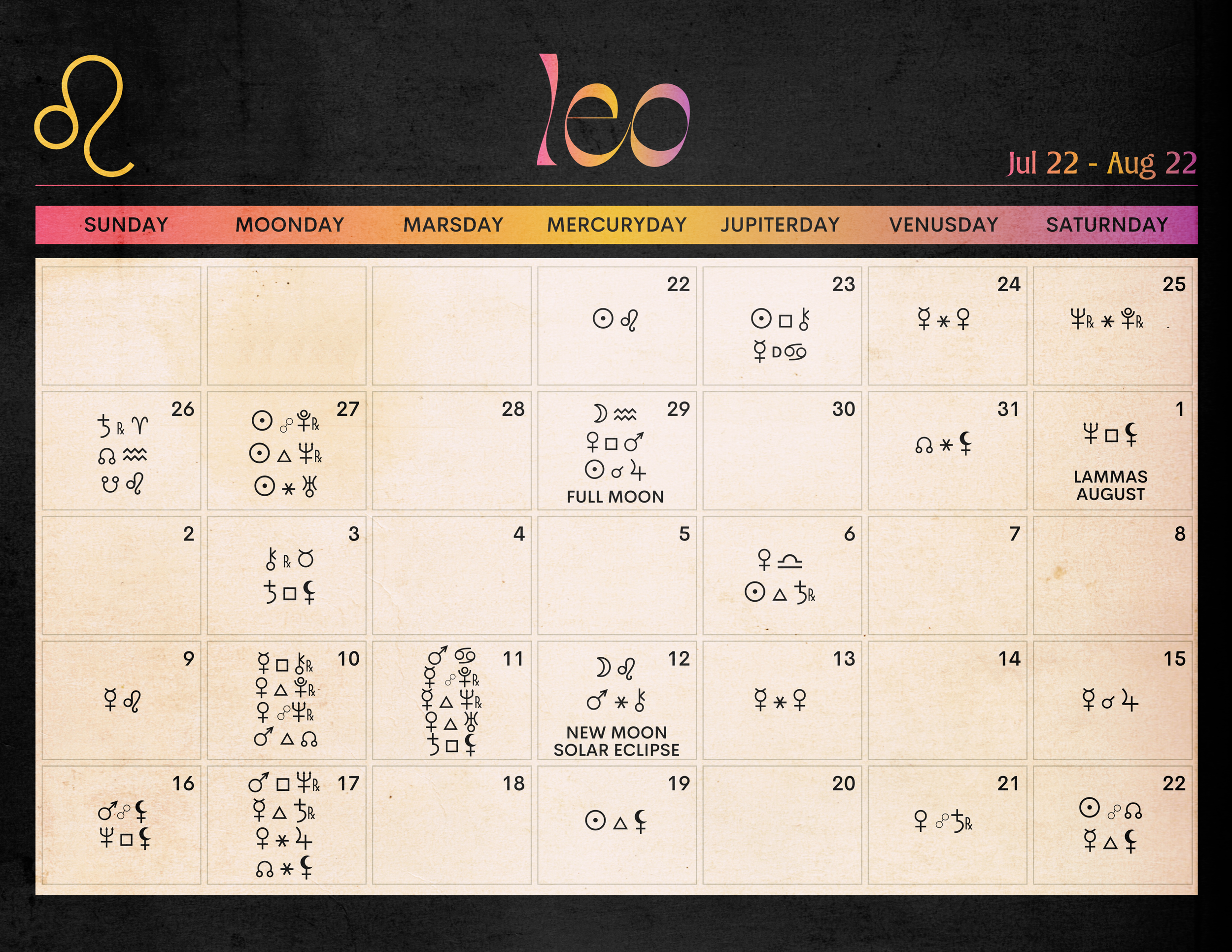 A calendar page showing dates from July 22 to August 22 with astrological symbols and lunar phases, including full moon, new moon, and solar eclipse.