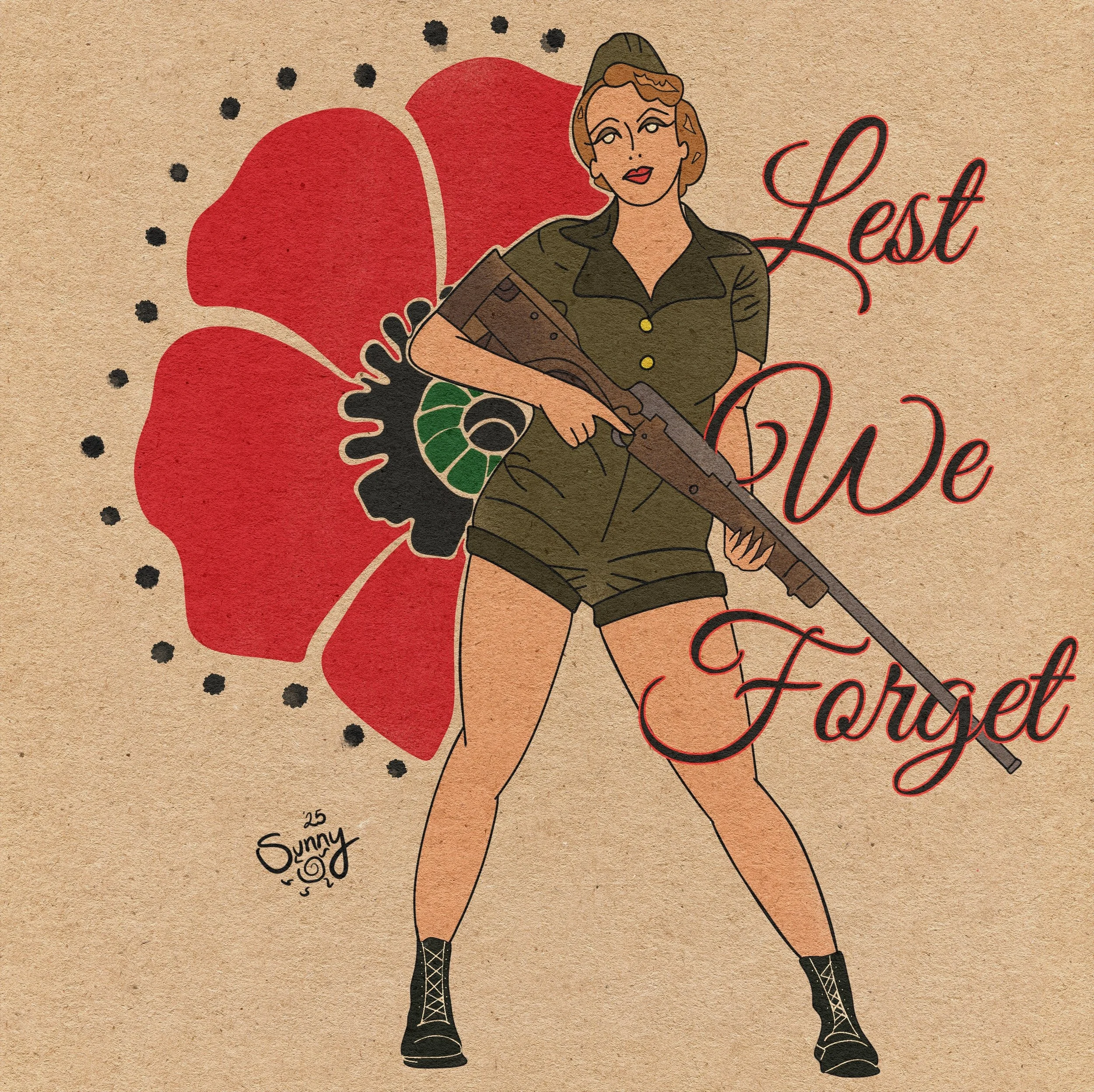 Vintage-style illustration of a woman dressed as a soldier, holding a rifle, with a large red heart and black polka dots behind her. The words 'Lest We Forget' are partially visible.