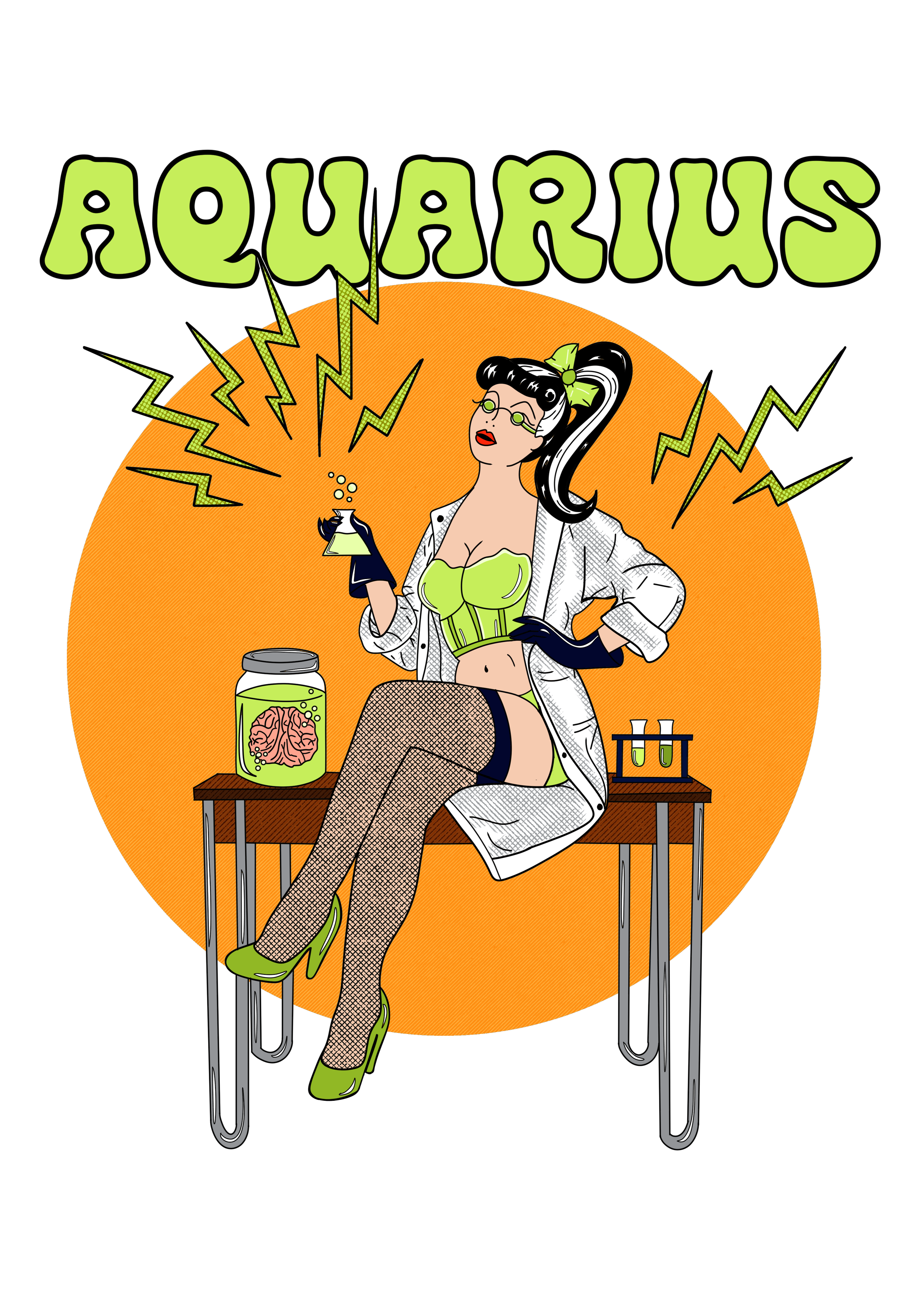 A woman dressed in a retro style, wearing glasses, a white coat, lime green corset, fishnet stockings, and lime green high heels, sitting on a stool in a science lab with laboratory equipment, holding a test tube, with a brain in a jar on a table bes