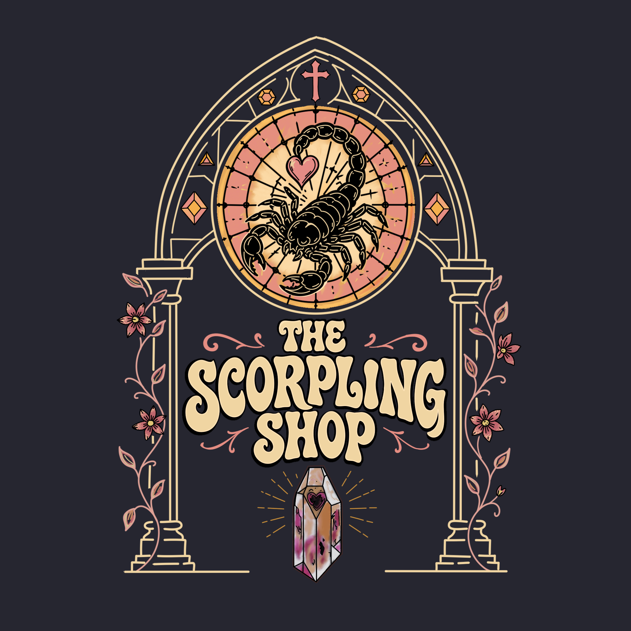 Stylized illustration of a gothic window with a scorpion inside, surrounded by floral patterns, a heart, and a diamond-shaped crystal pendant.