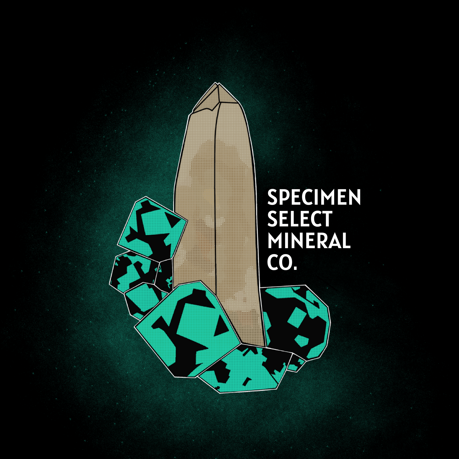 Illustration of a rock formation with turquoise minerals and a tall beige mineral point, with the text "Specimen Select Mineral Co." on a black background with greenish stars.