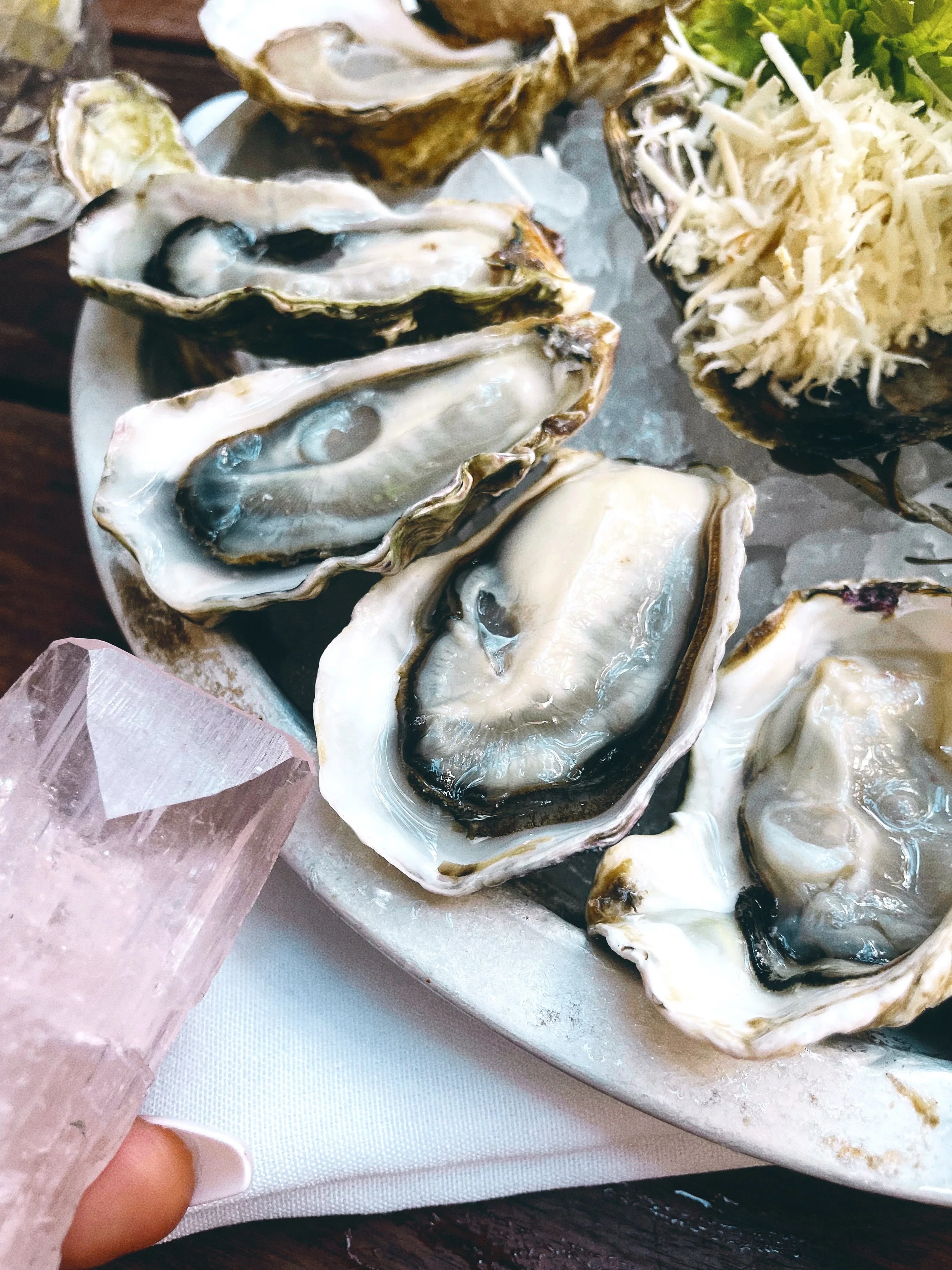 Several opened oysters on a tray with ice, alongside a mound of shredded cheese and some leafy greens.