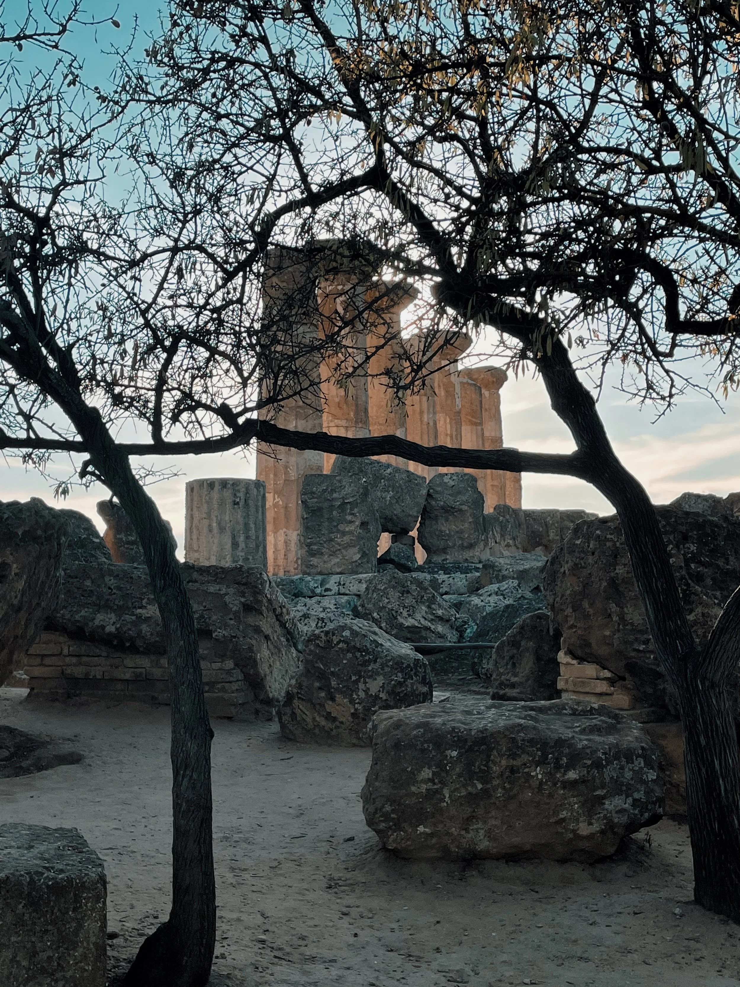 Ancient ruins with large scattered rocks and columns, viewed through leafless trees, with a clear sky in the background.