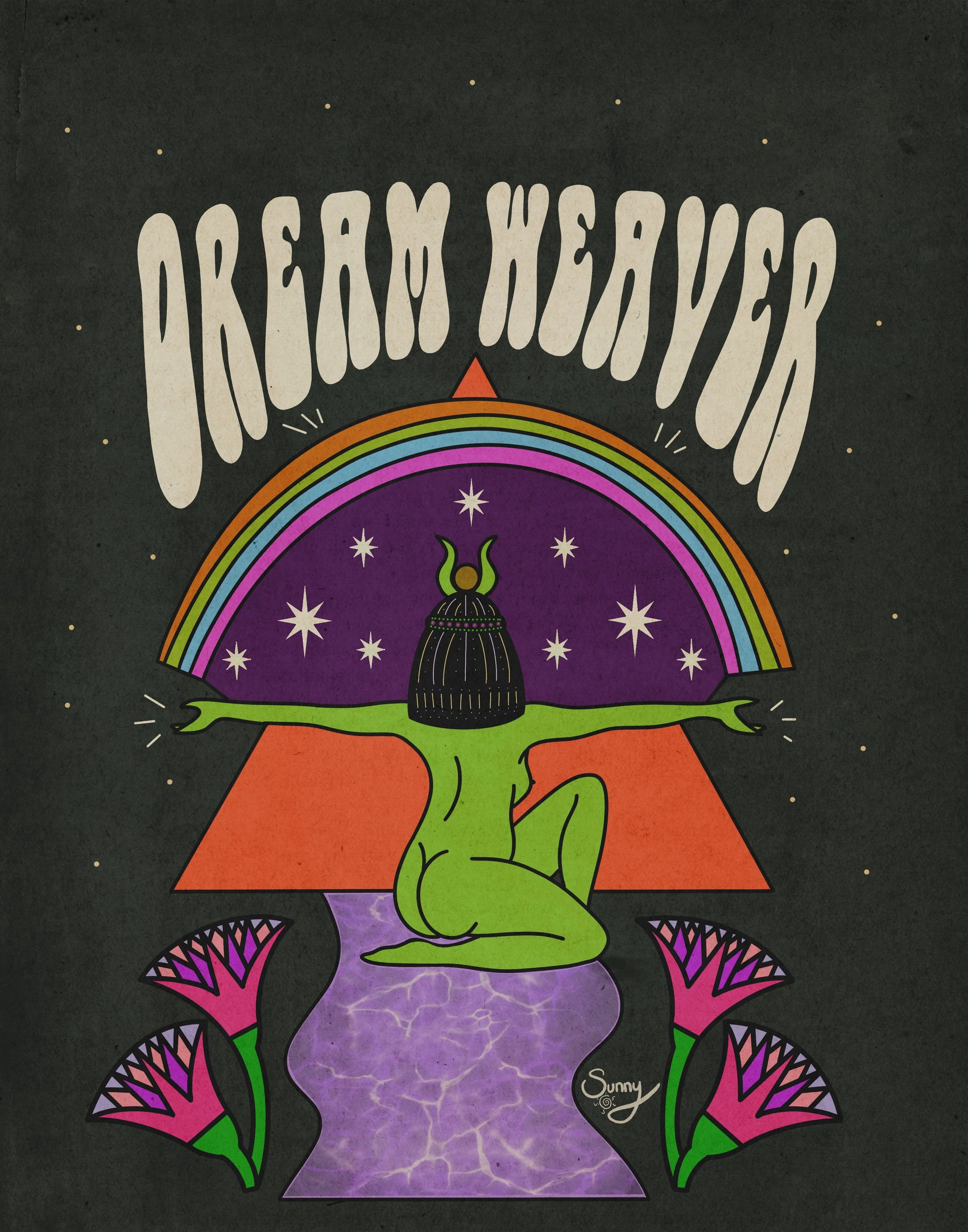 A colorful outline of a mermaid tail with purple and pink scales, a green hand holding a green head with a purple body, a yellow and orange rainbow, stars, a black silhouette with a green horned head at the top, and the text 'Dream Keeper' at the top