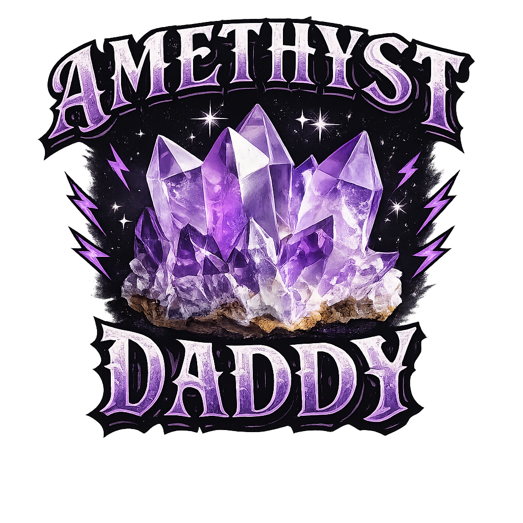 Text 'Ametyst Daddy' surrounding a cluster of purple amethyst crystals with stars and lightning bolts in the background.