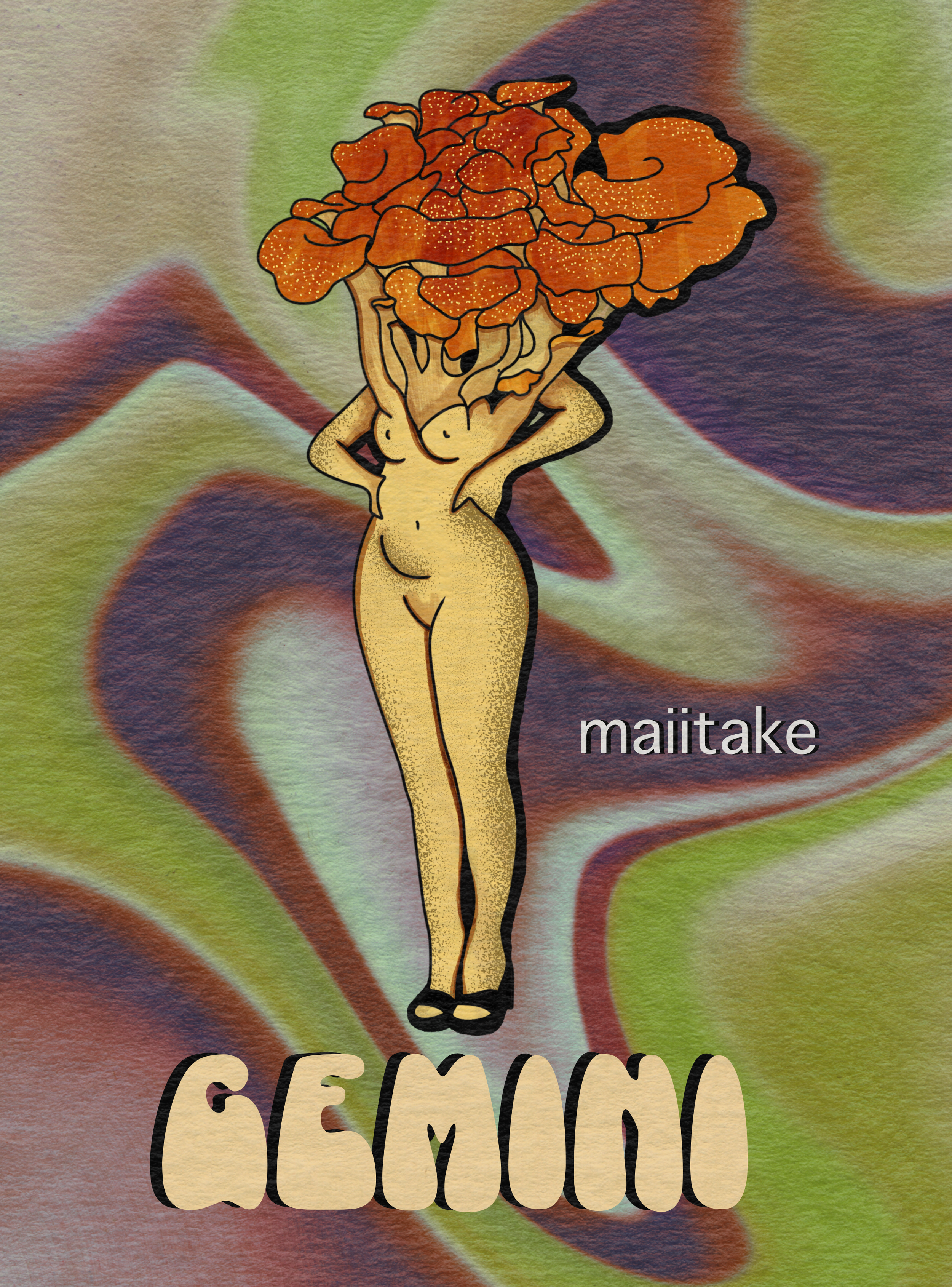 A cartoon illustration of a nude woman with a mushroom-shaped head, standing with hands on hips against a colorful abstract background. The word 'GEMINI' appears below her in stylized text.