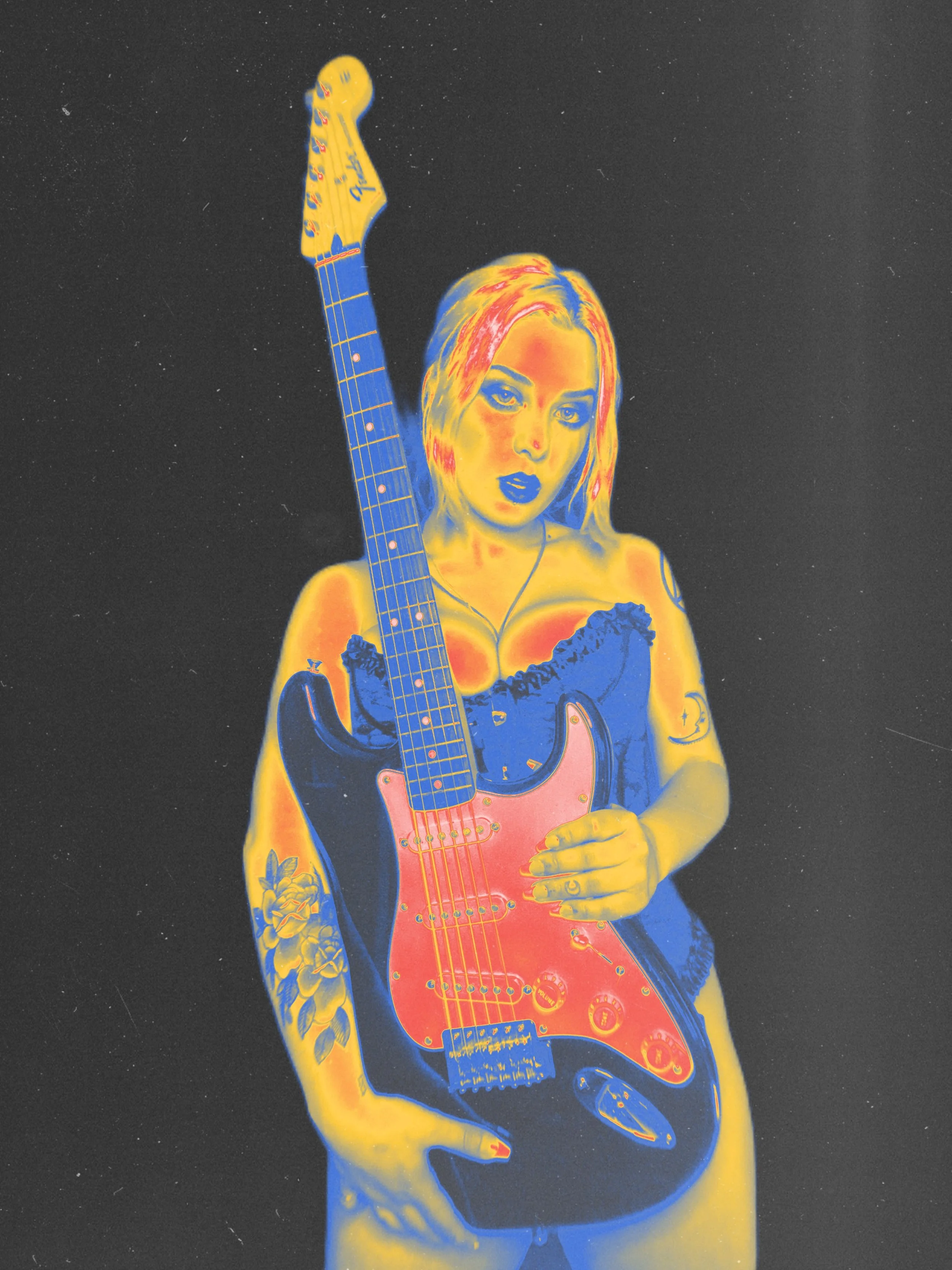 A woman with colorful, stylized hair holding a guitar against a dark background.