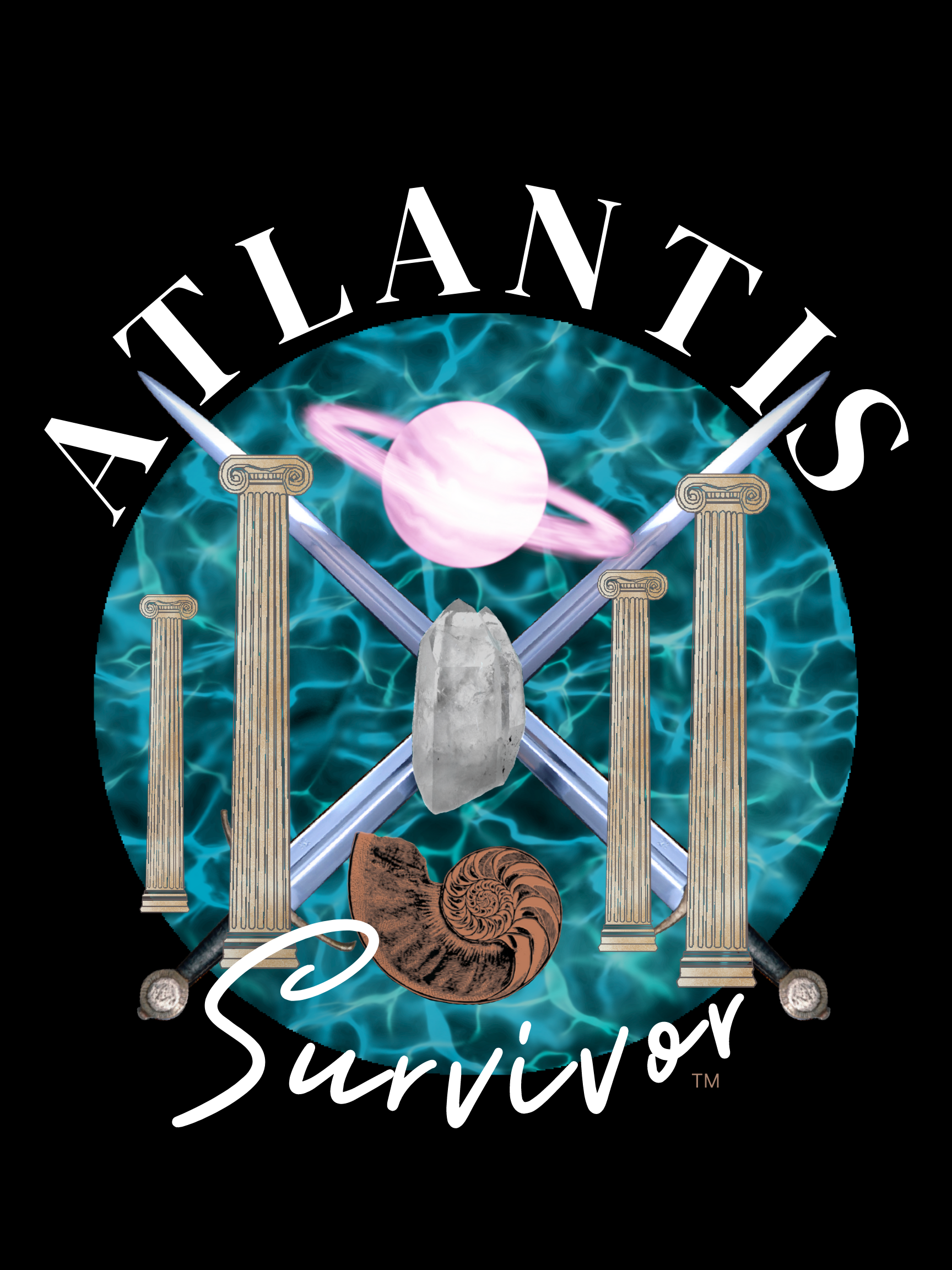 Design featuring the word 'Atlantis' with classical pillars, a pink planet with rings, a crystal, a fossil, and the phrase 'Survivor' in white cursive lettering on a black background.