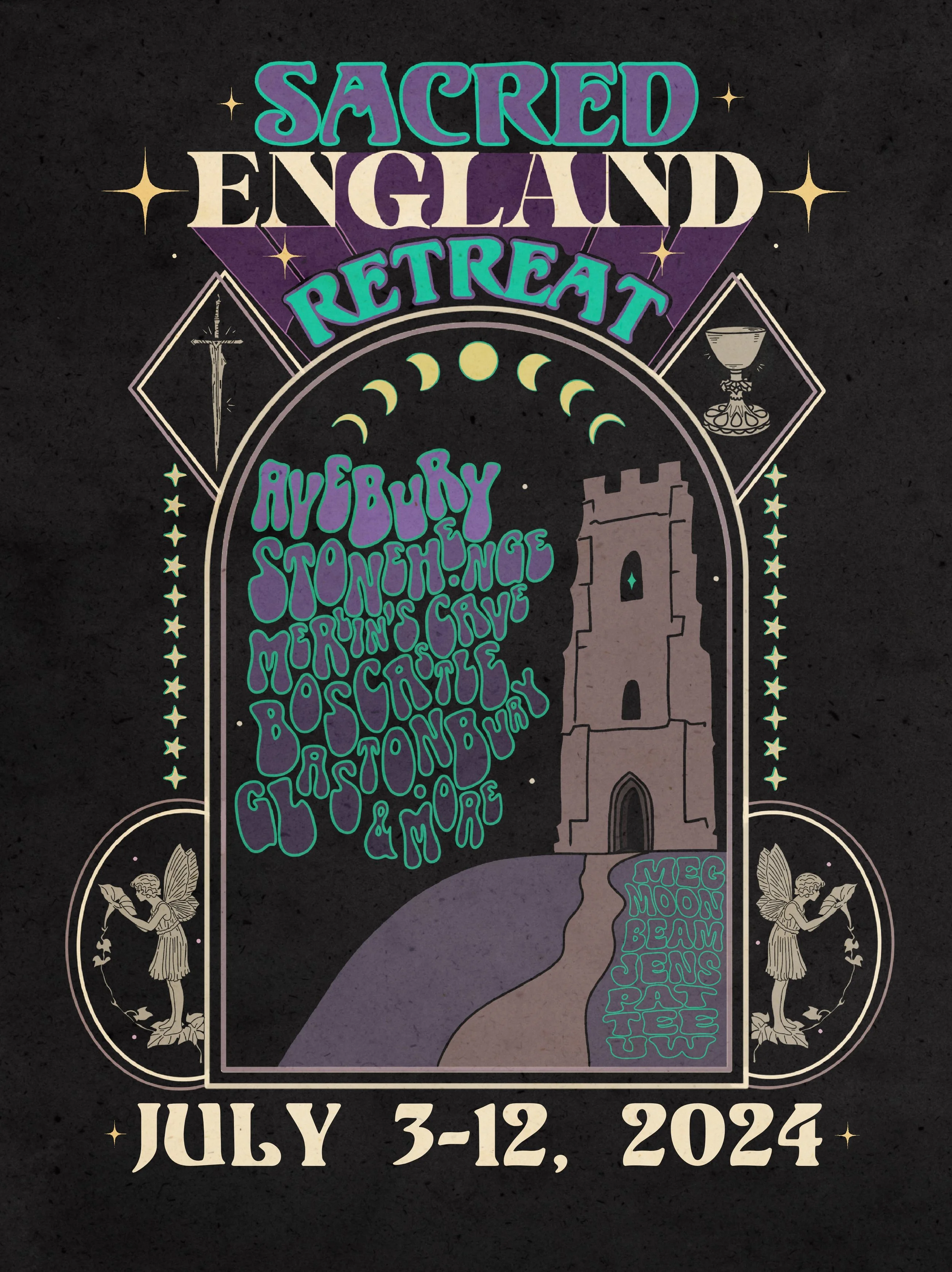 Poster for the Sacred England Retreat from July 3-12, 2024. The poster features a dark background with gothic-style text and illustrations, including a castle, a spirit lamp, two angels, and the moon phases in a circular pattern.