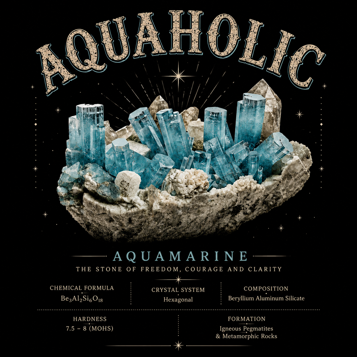 Image of Aquaholic, a mineral called aquamarine, depicted as blue crystal stones on a textured white base with gold and white accents. The text highlights its chemical formula, crystal system, composition, hardness, and formation as igneous pegmatite