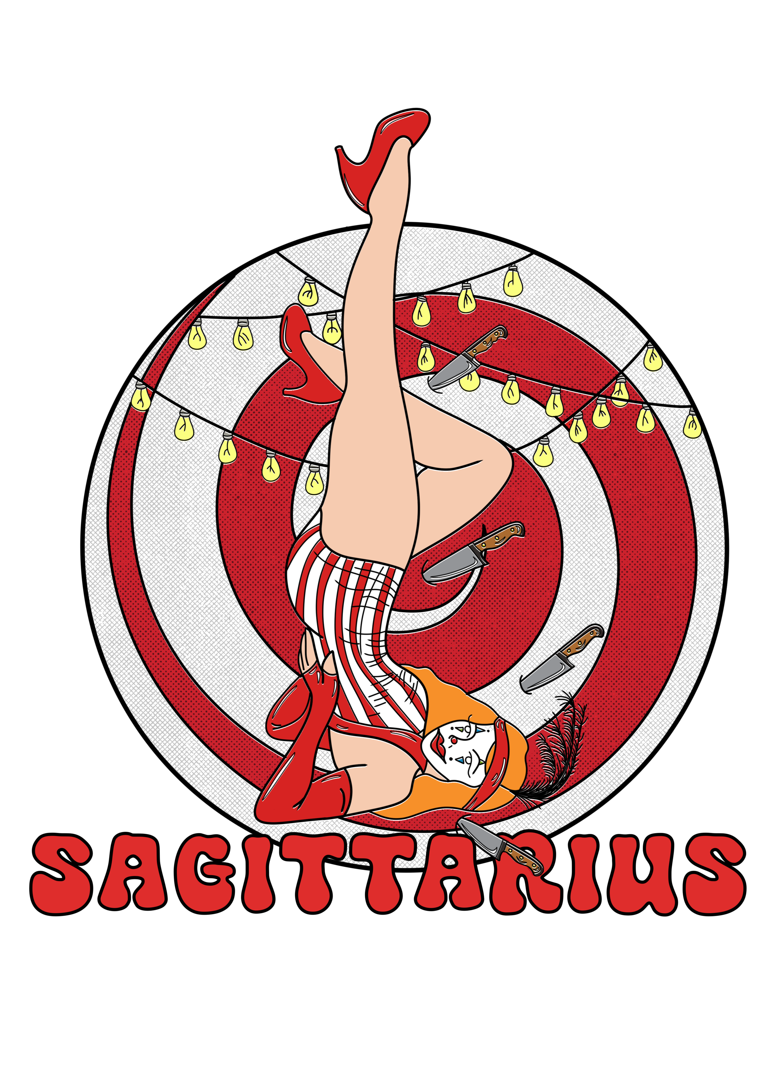 A cartoon depiction of a seductive woman with long orange hair, wearing red gloves, a red headband, and striped stockings, lying on her back on a red and white circular target. The target features small hanging lightbulbs, steak knives, and a small b