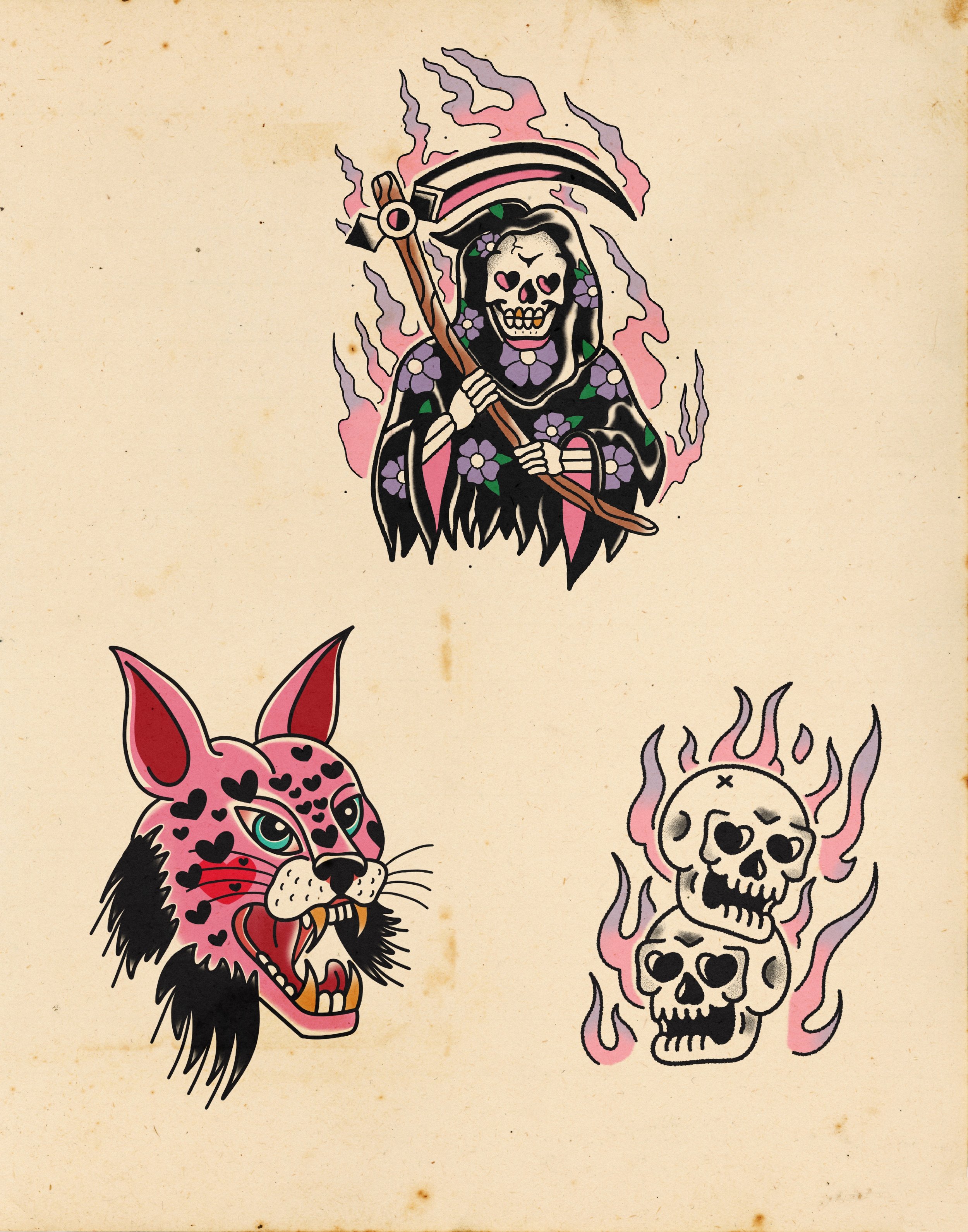 Tattoo-style artwork featuring a skeleton woman holding a scythe with pink and purple flames, a pink leopard head with hearts and black eyes, and a day of the dead style skull with pink flames.