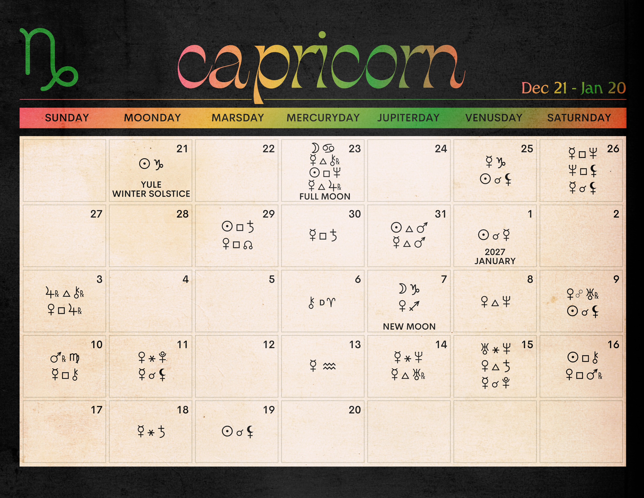 January 2027 calendar with days of the week labeled with astrological symbols, dates, and special events like 'Yule Winter Solstice' on January 21, 'Full Moon' on January 23, and 'New Moon' on January 31.