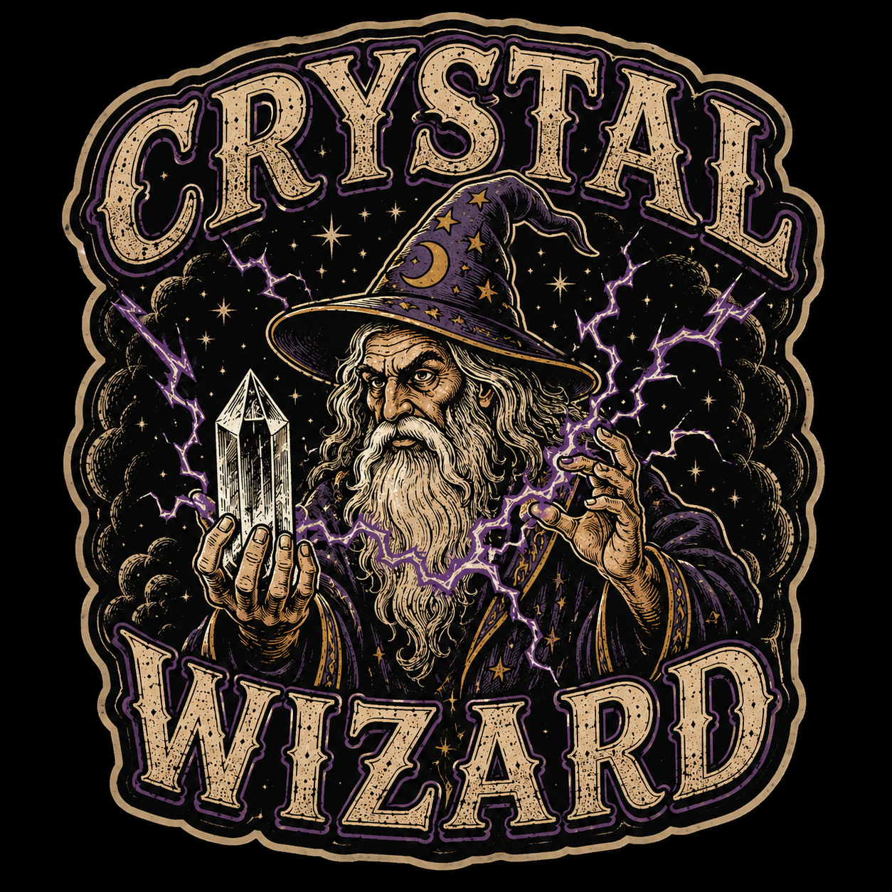 A wizard wearing a hat with crescent moon and stars, holding a crystal-shaped object, with lightning bolts around him, and the words 'Crystal Wizard' above and below.