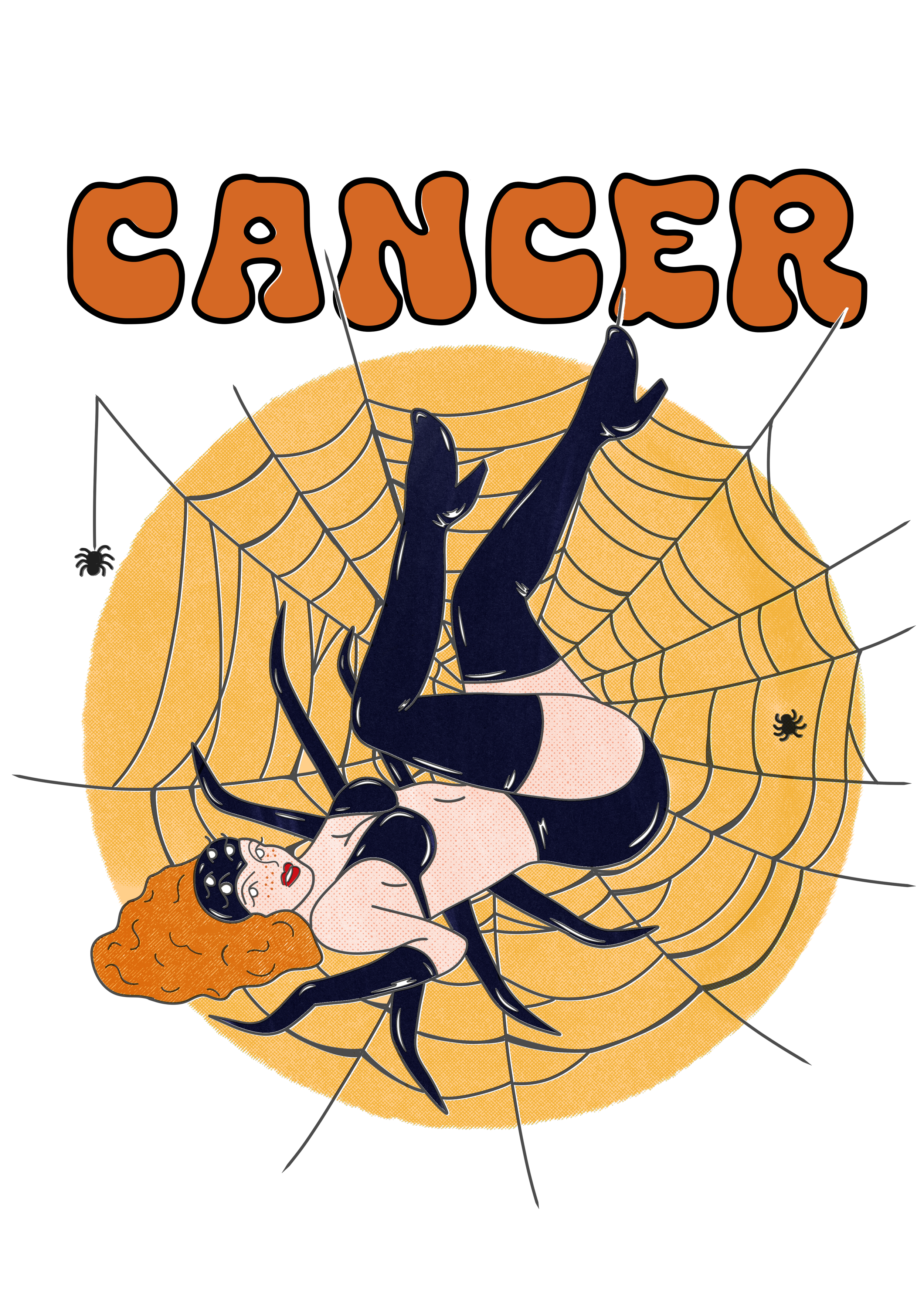 An illustration of a woman with long curly orange hair lying on a large yellow spider web, dressed in black lingerie and stockings, with a small black spider nearby, and a large brown banner at the top with the text 'spider CANCER' in bold letters.