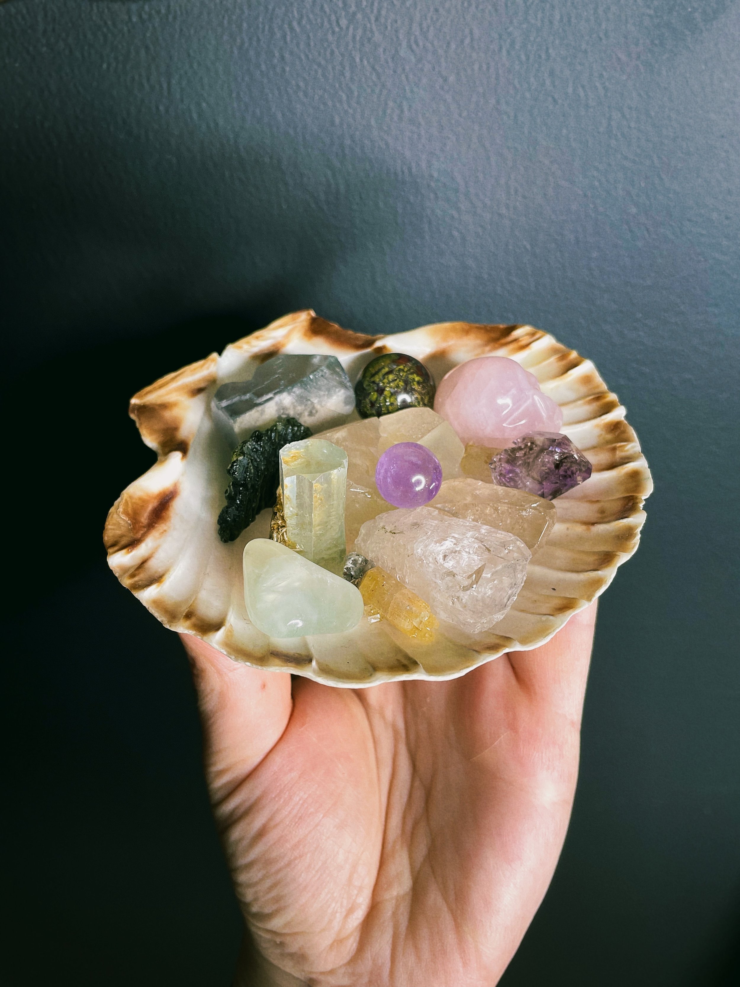 A hand holding a shell filled with various colorful crystals and gemstones against a dark background.