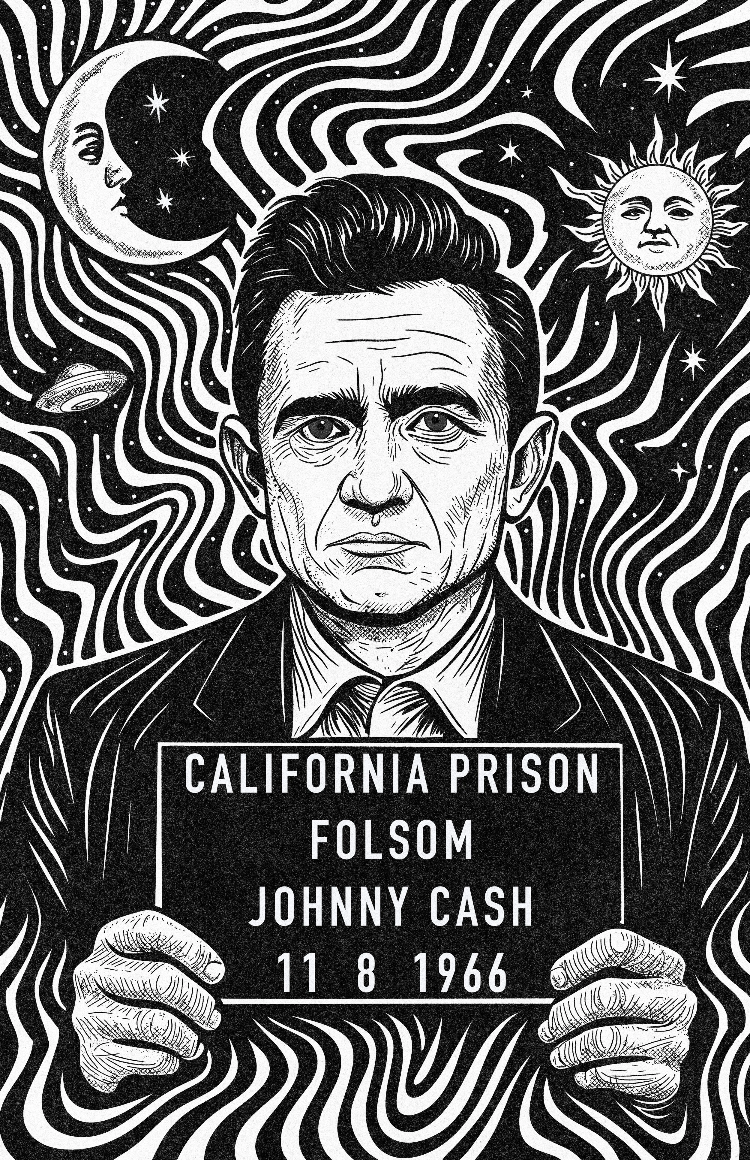 Black and white illustration of a man holding a sign with information about a prison, including the name Johnny Cash, date 11-8-1966, and California prison Felson. The background has swirling lines with stars, a moon, and a smiling sun with a face.