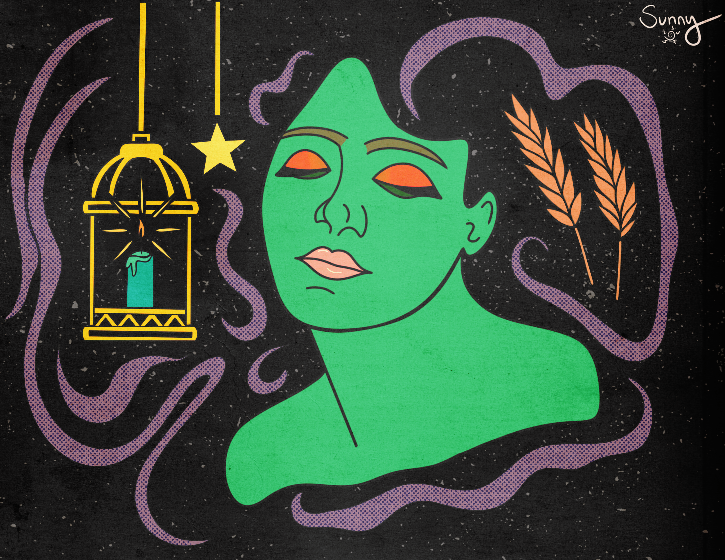 A stylized illustration of a woman's face with green skin, closed eyes, and pink lips, surrounded by purple swirling lines, orange wheat stalks, and a hanging yellow lantern with a star-shaped ornament, set against a black background.