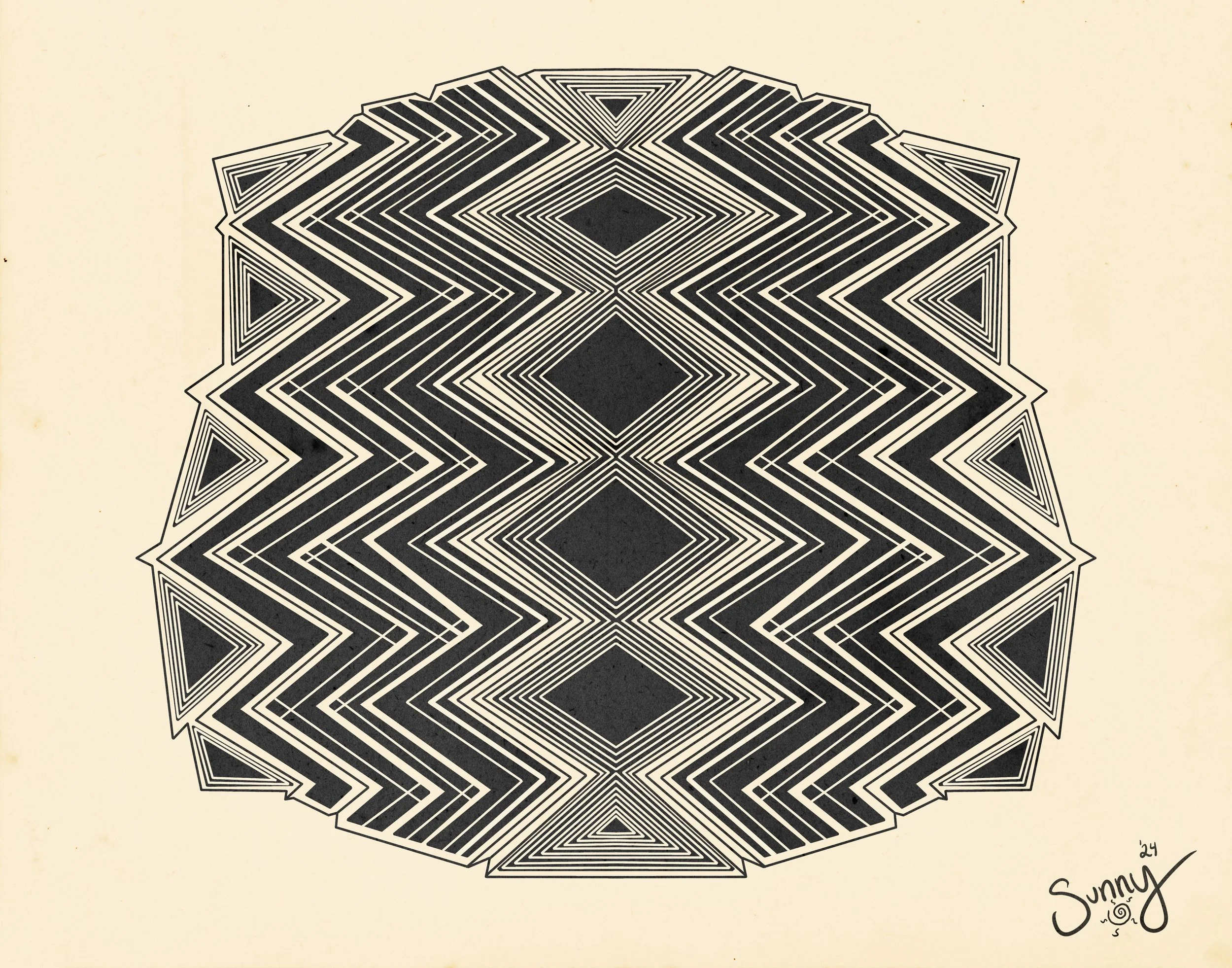 A black and white geometric pattern consisting of nested diamond shapes and lines on a cream background.