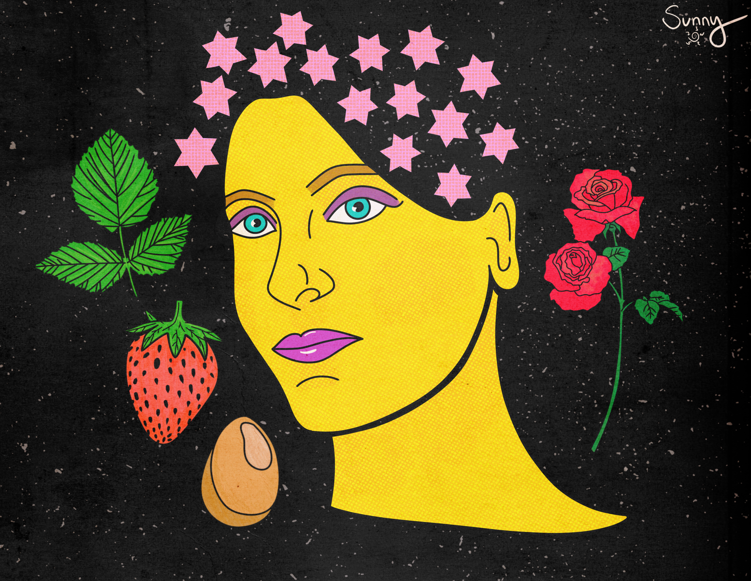 Pop art style illustration of a woman's face with long dark hair, highlighted by pink star-shaped hair accessories, surrounded by green leaves, red roses, a strawberry, and a red rose on the right side. Handwritten text 'Sunny' in the top right corne