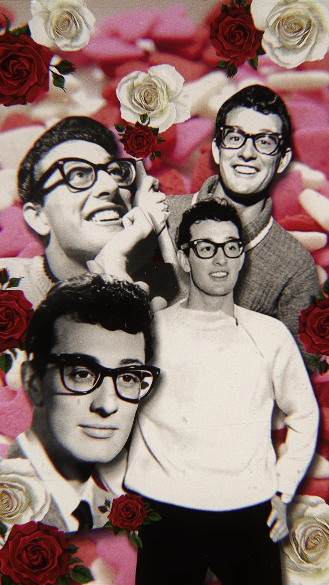 A collage combining black-and-white photos of a young man with glasses and a woman with glasses, surrounded by red, white, and pink roses on a pink background.