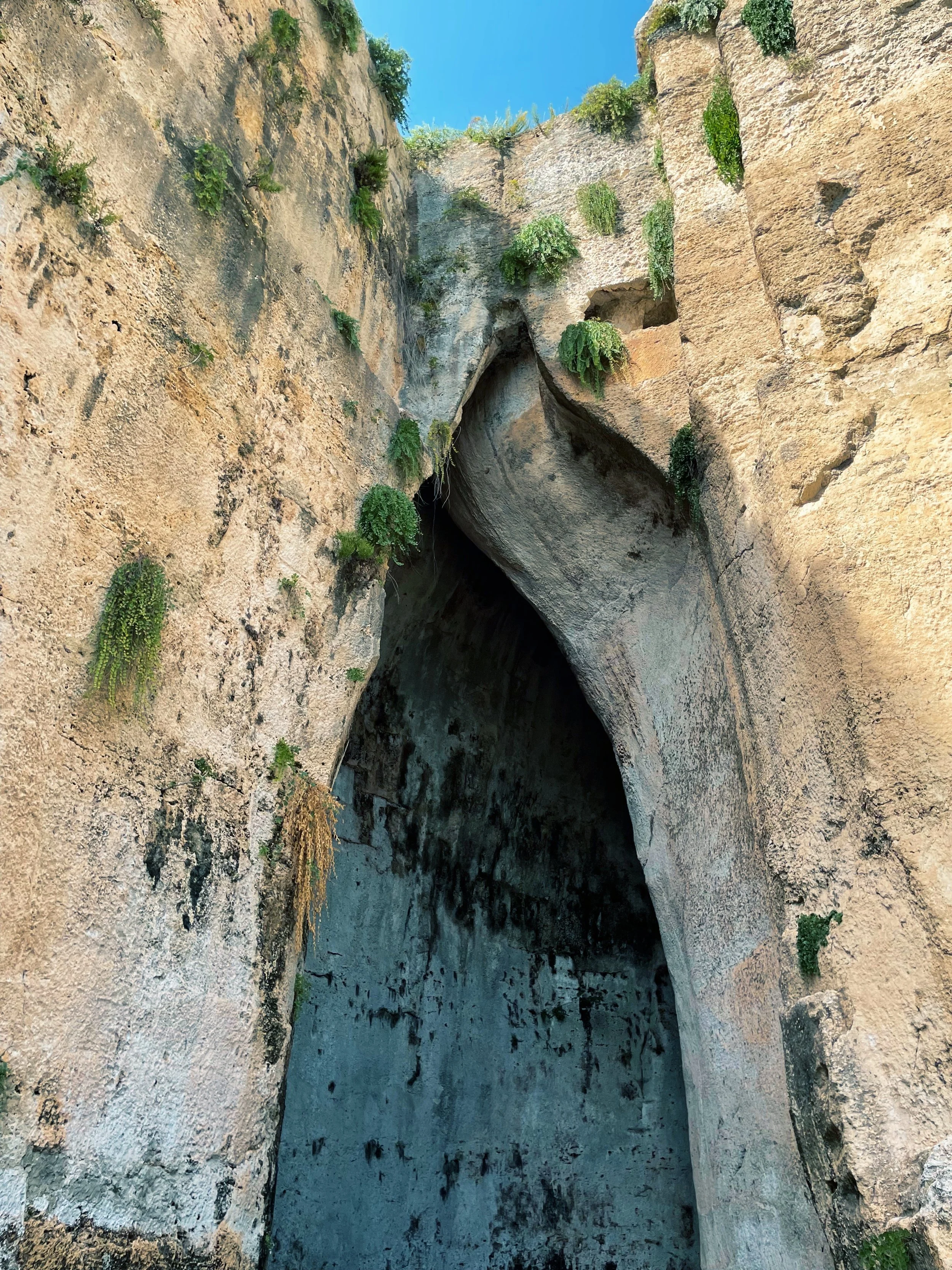 A deep, narrow canyon with steep rock walls on either side. The walls are light-colored with patches of green vegetation. At the top, the bright blue sky is visible, and a small section of water can be seen at the bottom, indicating the presence of a