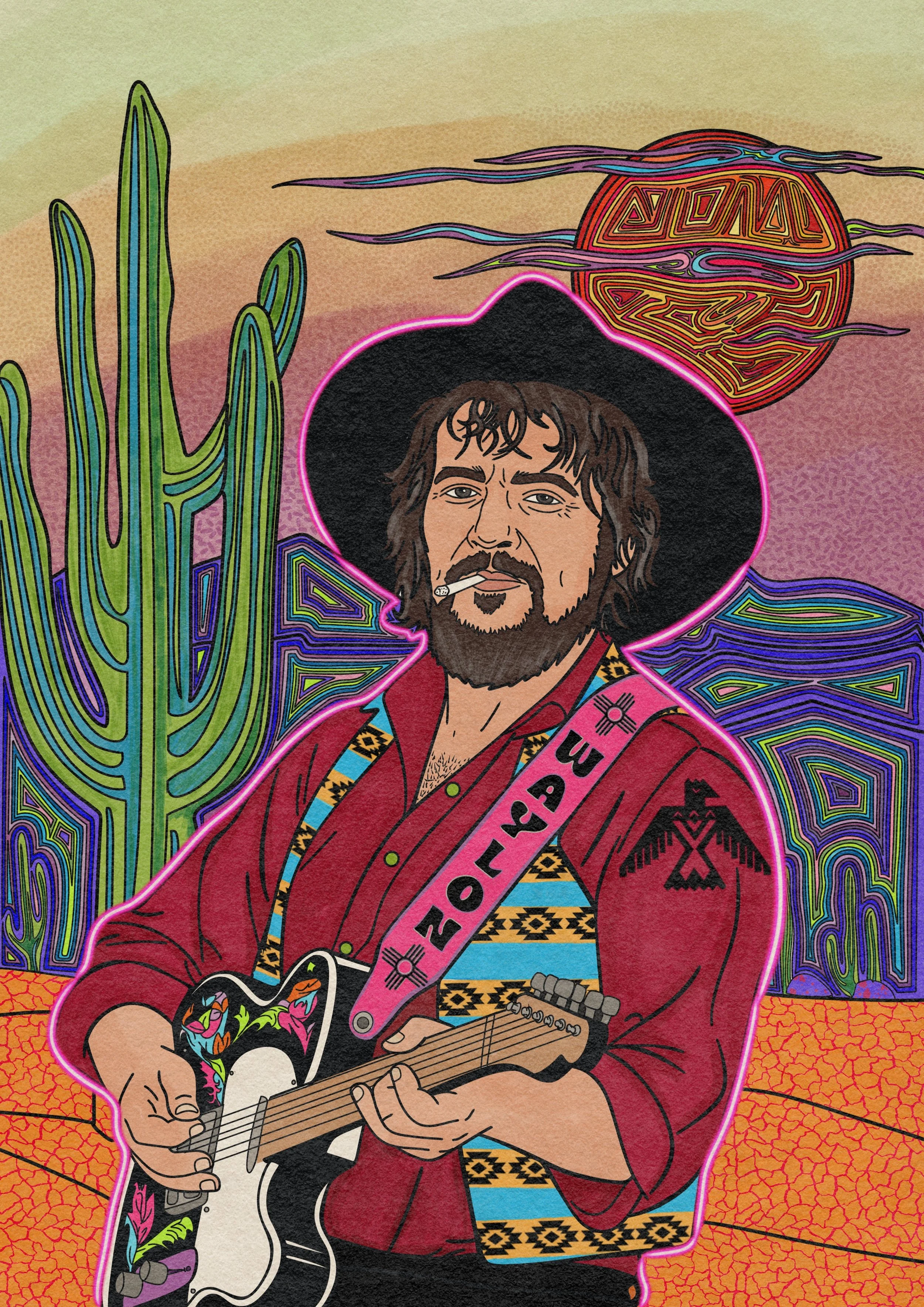 Illustration of a man with long hair, a beard, and a mustache playing an acoustic guitar with a painted skull on his arm, wearing a red jacket and a large black hat with a pink outline, in front of a desert landscape with cacti, colorful mountains, a