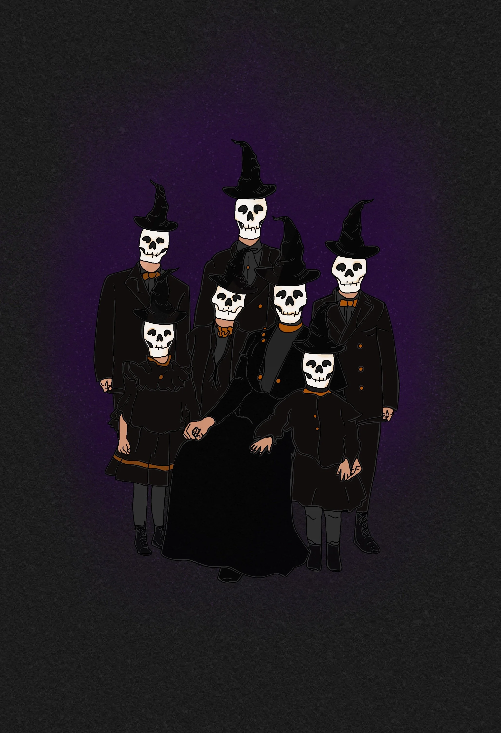 A group of people wearing skeleton masks and witch hats, dressed in black costumes, standing against a dark background with purple and black hues.