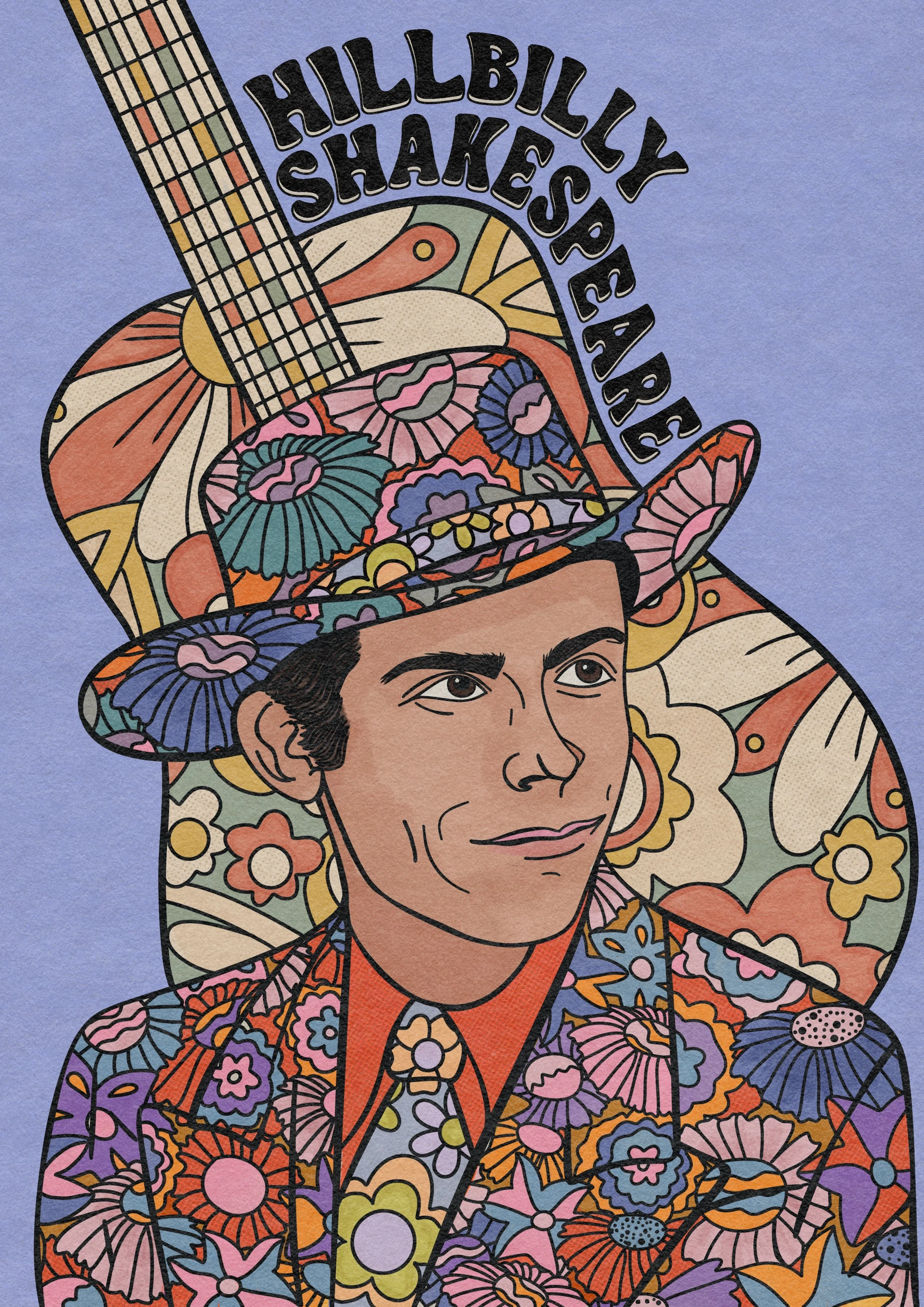Colorful illustration of Frida Kahlo with her face partially visible, wearing an elaborate floral hat and traditional Mexican clothing, featuring flowers, umbrellas, and geometric patterns.