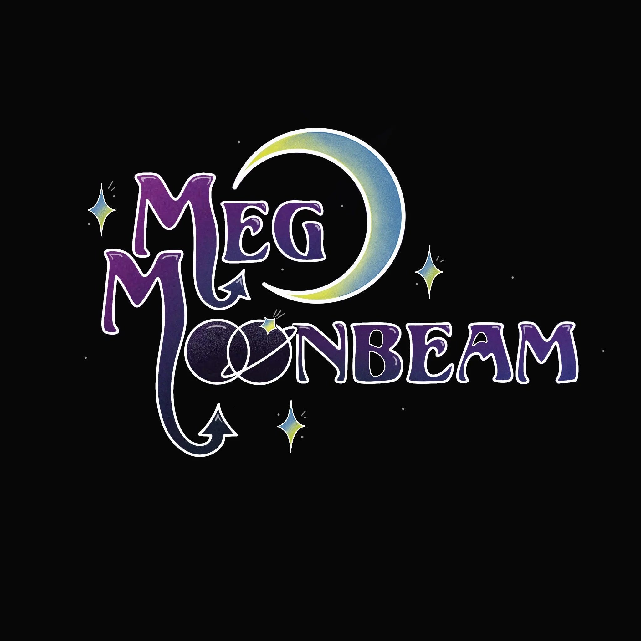 A colorful, neon-style illustration with the text 'Mega Moonbeam' surrounded by stars and light effects on a black background.
