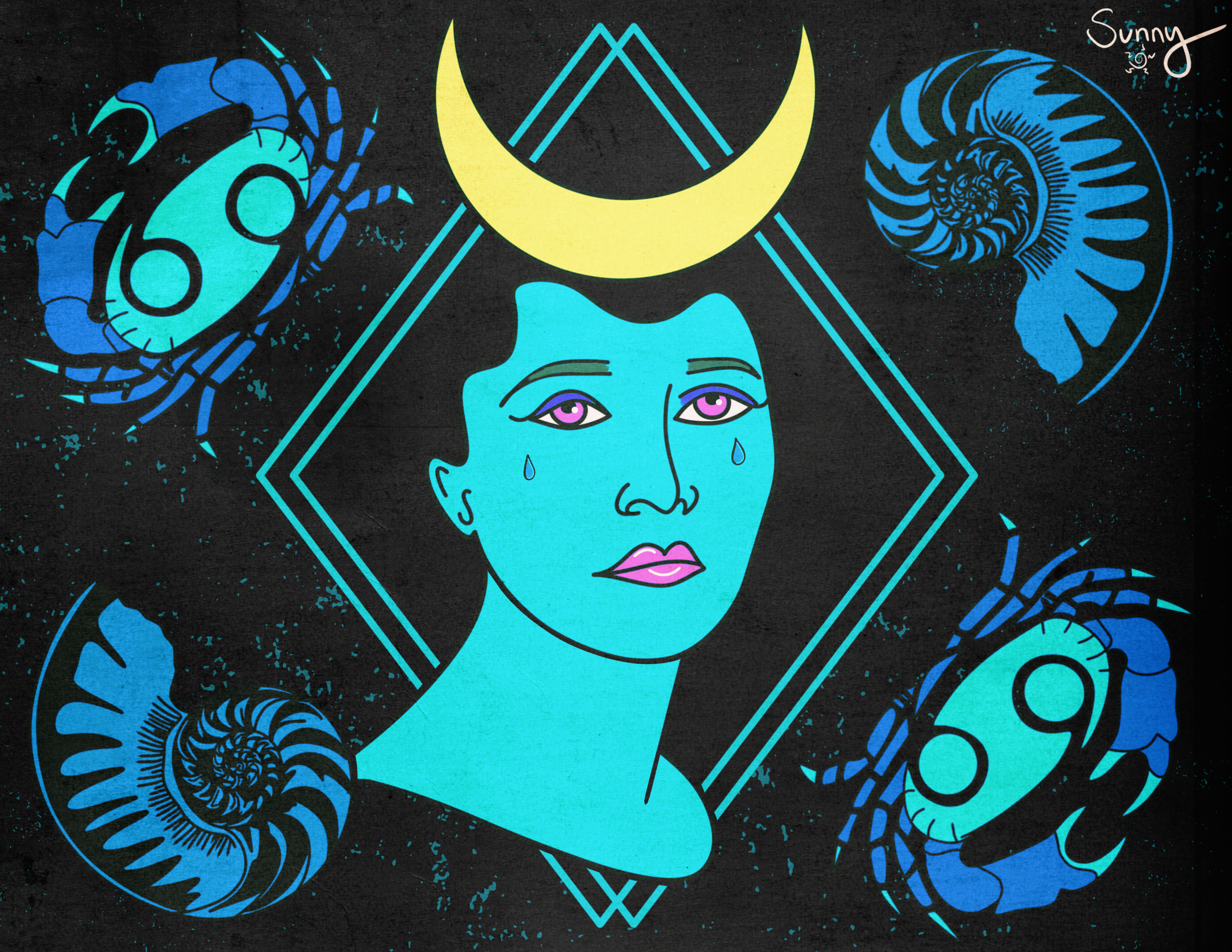 A colorful illustration featuring a woman with teal skin and purple eyes crying, with flames and abstract patterns around her head, a crescent moon and geometric lines, on a textured black background.