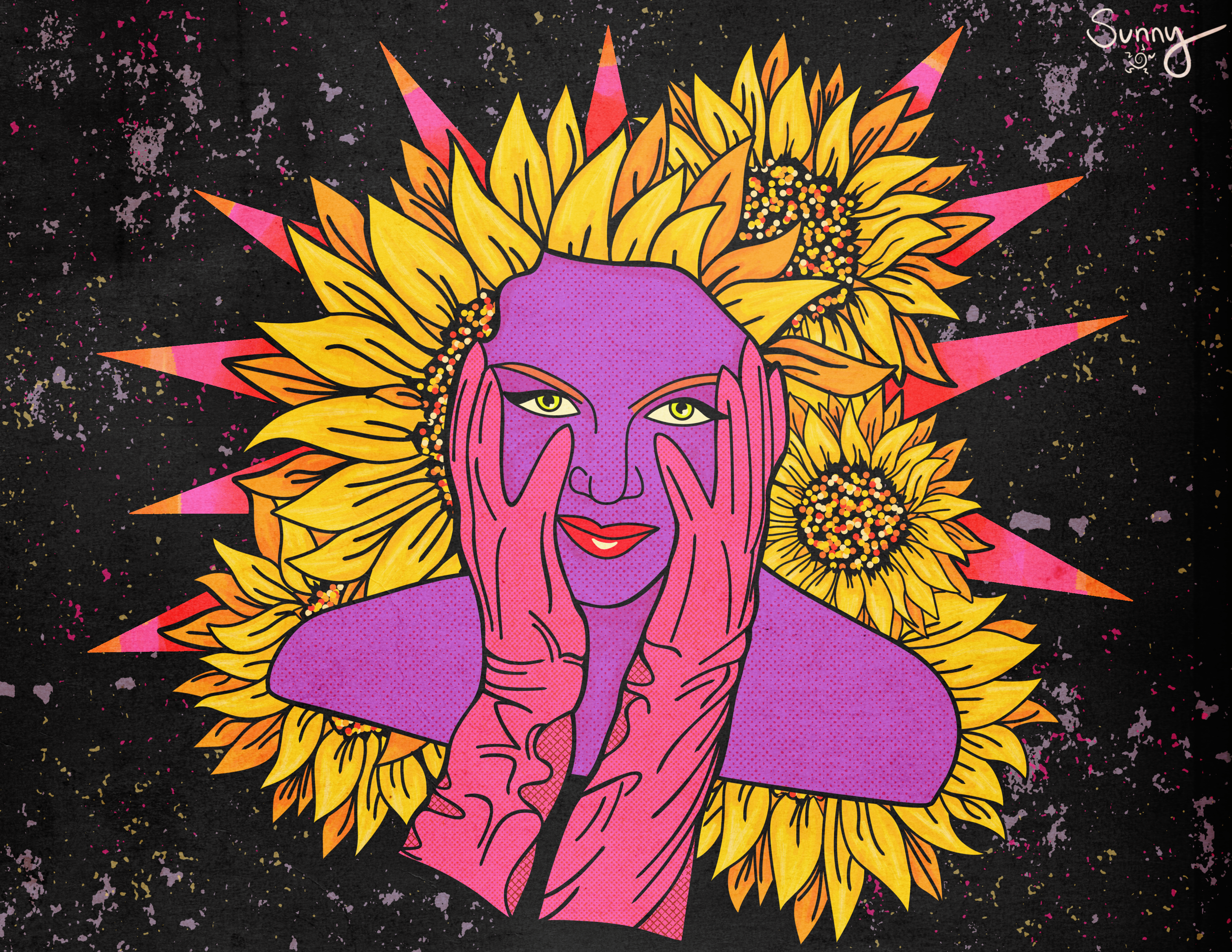 An artistic illustration of a person with purple skin, yellow eyes, and pink hair, holding their face with both hands. They are surrounded by large, vibrant yellow sunflower flowers with black centers, set against a dark, textured background with spl