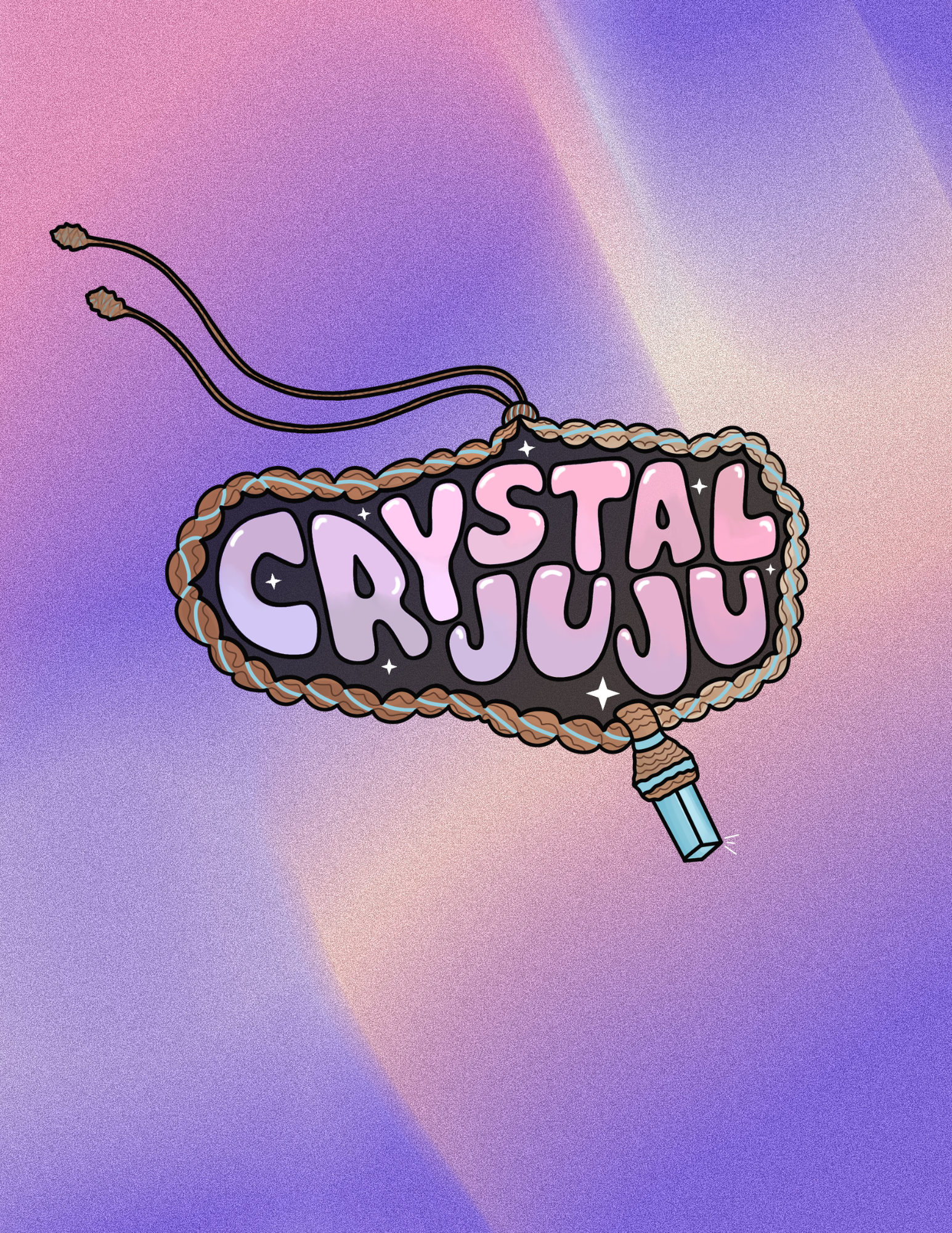 A digital illustration of a swiper card that reads "Crystal" with a rope border and a blue cable attached at the bottom, set against a pink and purple gradient background.